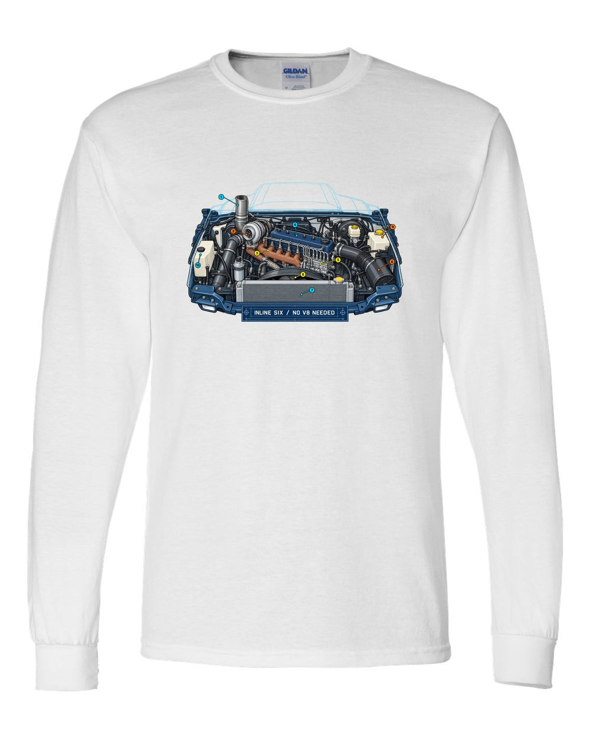 Blueprint-style print of a 1994-1998 Dodge Ram 2nd gen 5.9 inline-six diesel engine bay white long sleeve front view with the design