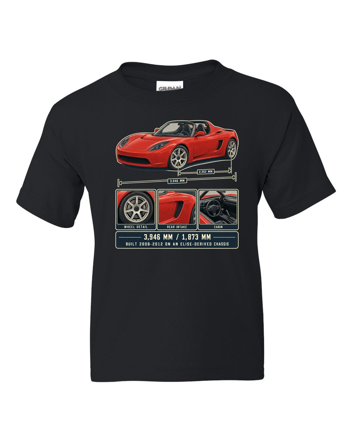 Dossier panel print of a first-generation Tesla Roadster with dimensions black kids tee front view with the design