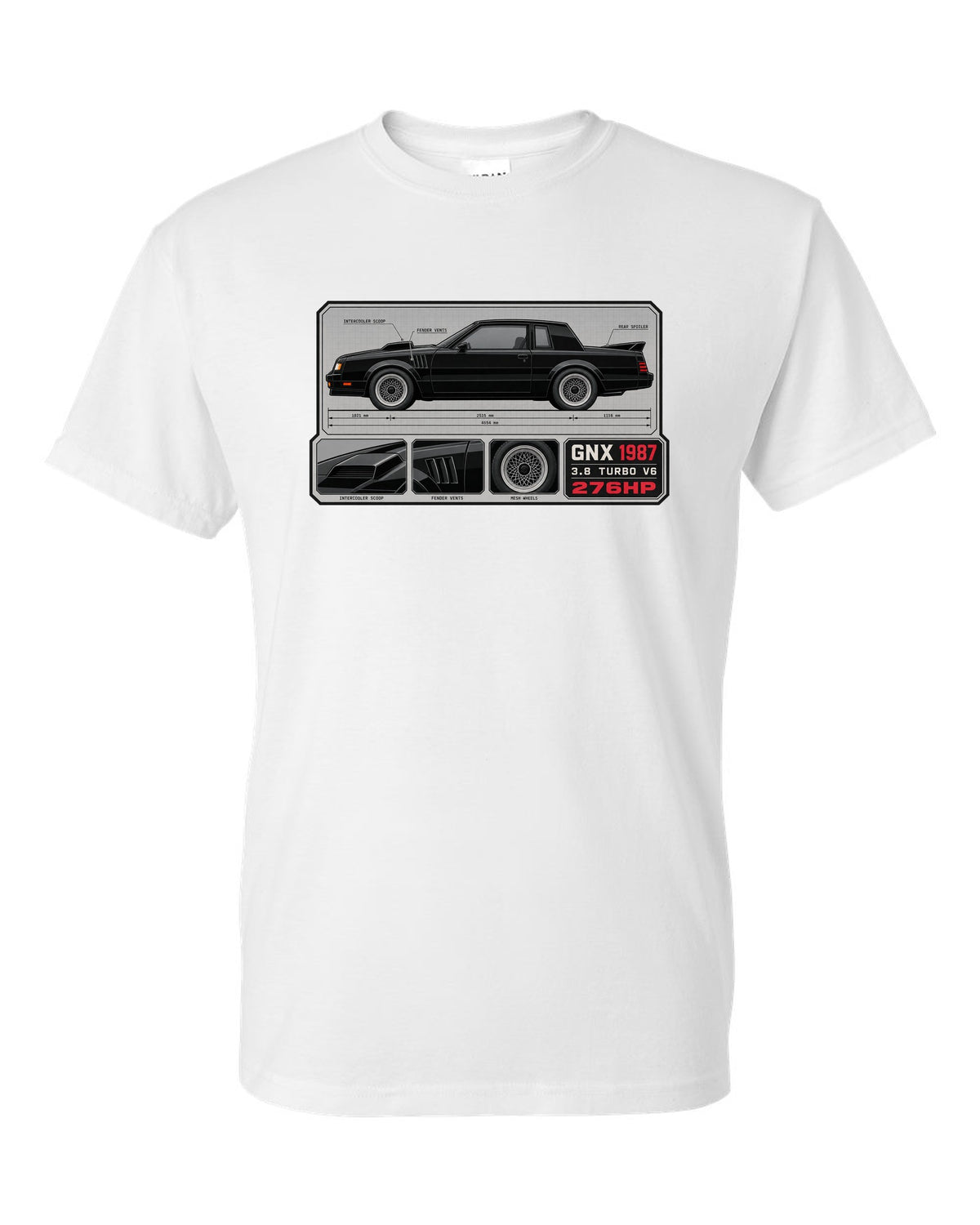 1987 Buick GNX datasheet spec layout with 3.8 turbo V6 and 276HP text white t-shirt front view with the design