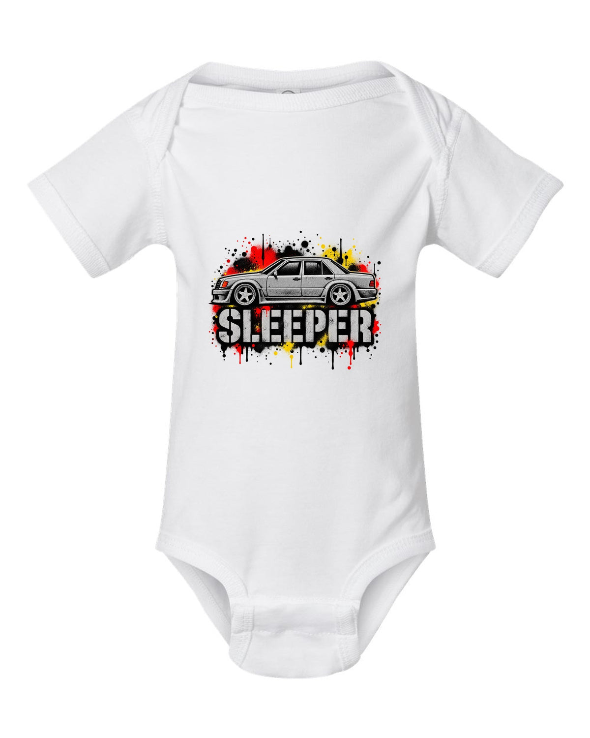 Embroidery-style varsity crest of a Mercedes 300E 5.6 Hammer W124 white baby onesie front view with the design