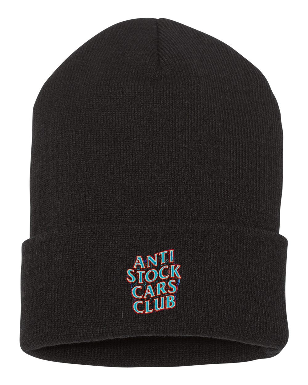 Anti Stock Cars Club Neon Cyberpunk Shirt, Hoodie & More black beanie front view with car name