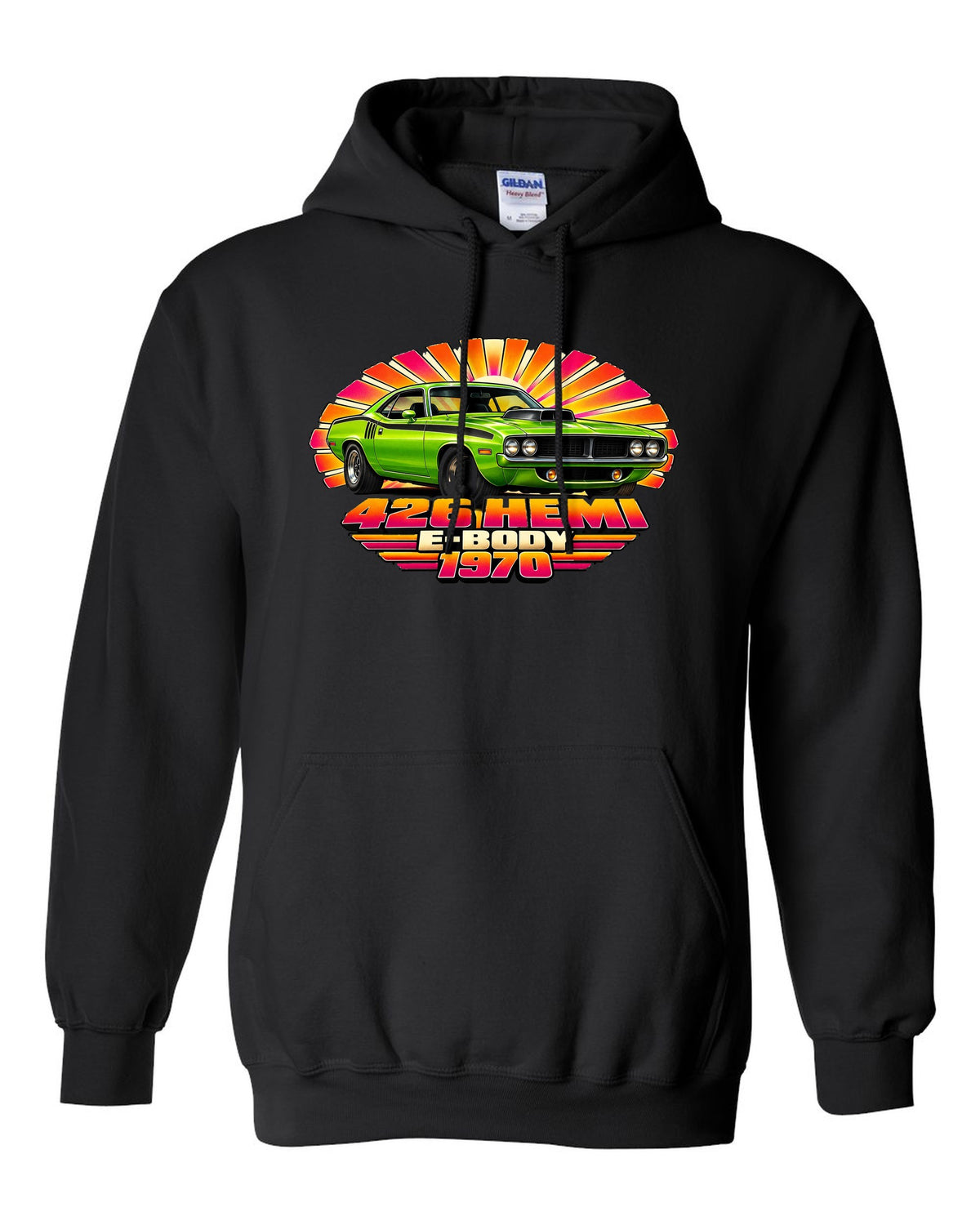 1970 Plymouth Hemi Cuda E-body 70s airbrush sunburst print with 426 Hemi text black pull over hoodie front view with the design