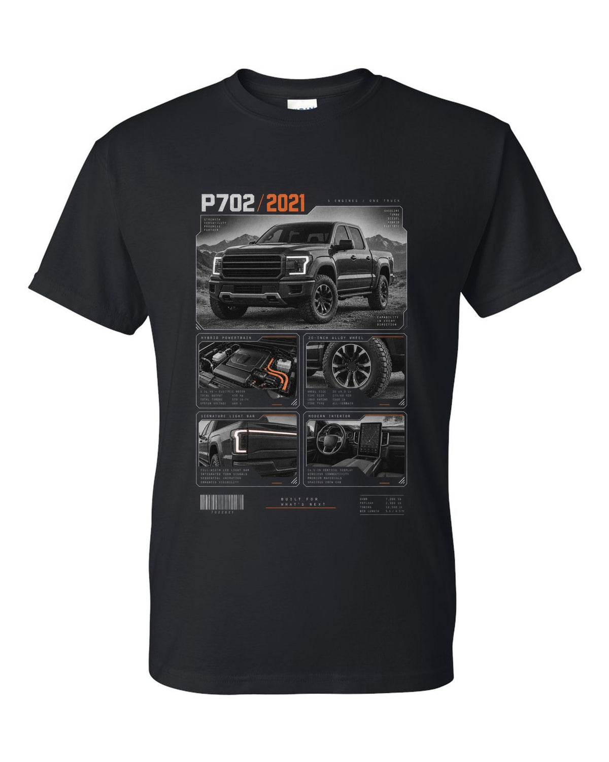 Dossier panel print of a 2021 Ford F-150 P702 light bar with five engines text black t-shirt front view with the design