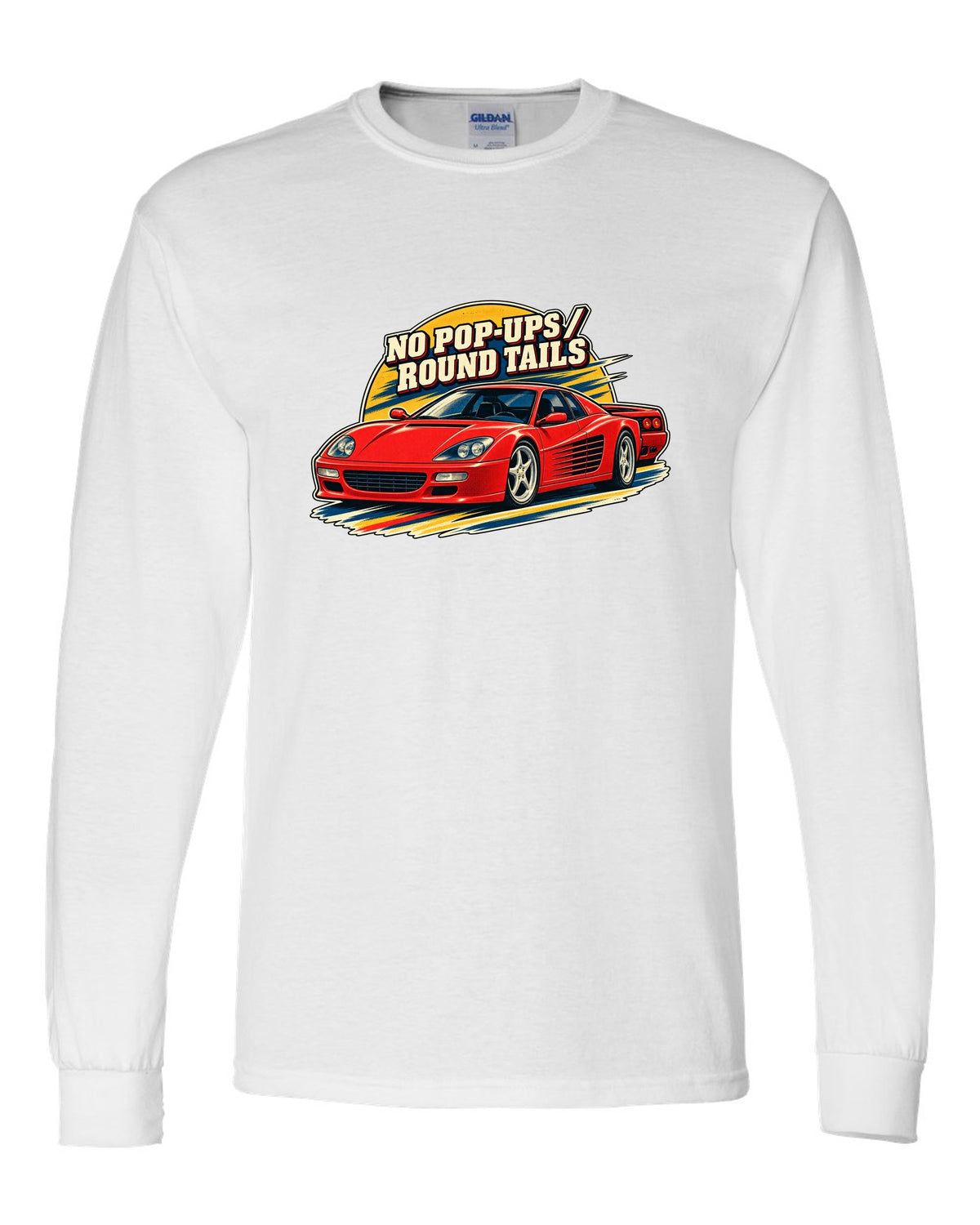 Retro race programme illustration print of the Ferrari F512 M with the text no pop-ups, round tails white long sleeve front view with the design