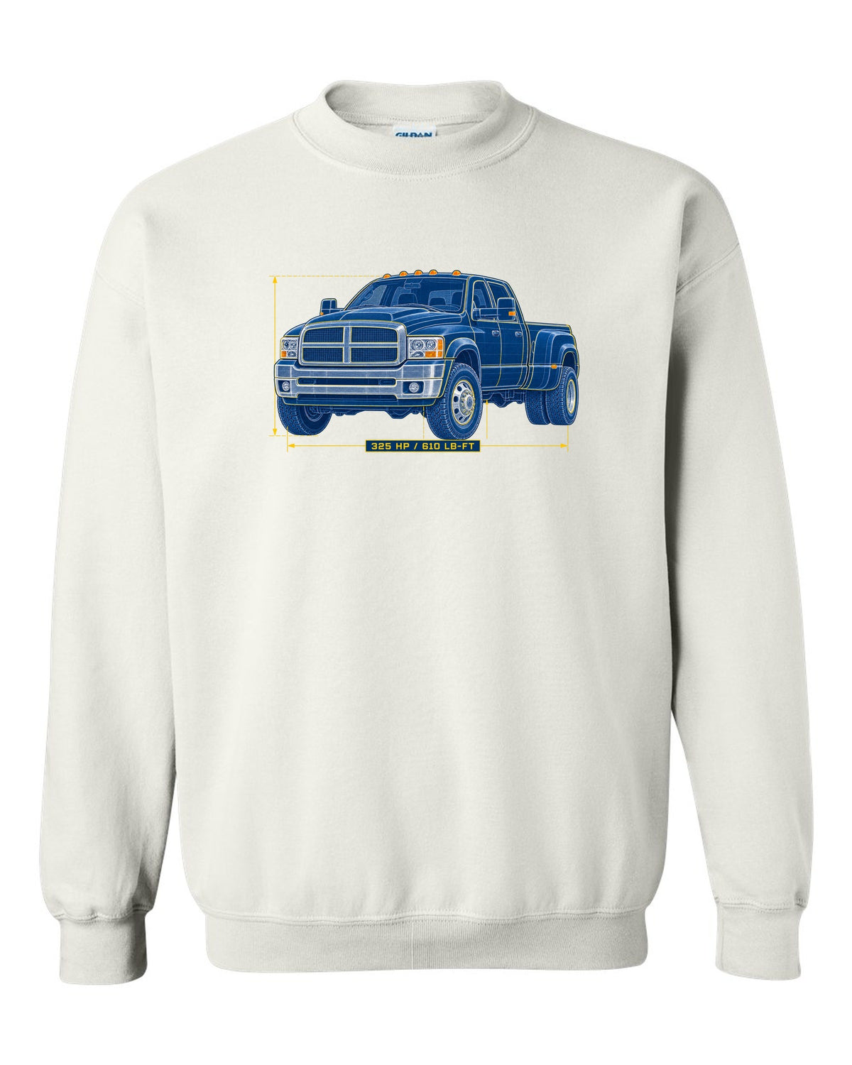 Cyanotype blueprint of a 2003-2009 Dodge Ram 3rd gen 5.9 HO with 325 HP and 610 LB-FT lettering white crewneck front view with the design