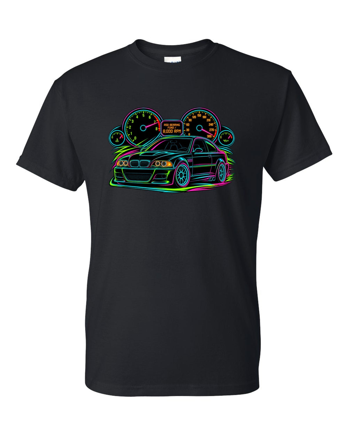 Neon line art redline gauge of a BMW E46 M3 coupe with 8,000 RPM and rod bearing fund text black t-shirt front view with the design