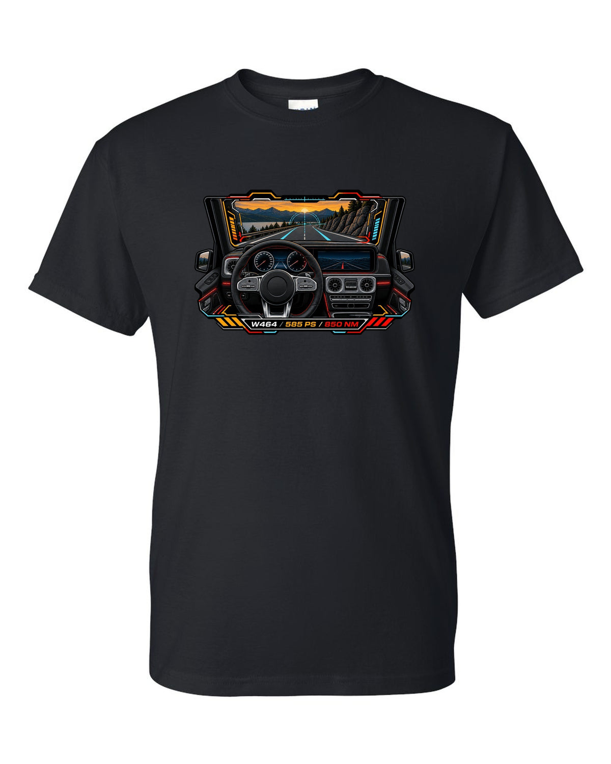 Gauge-cluster HUD graphic reading W464 585 PS 850 NM for the Mercedes G63, print black t-shirt front view with the design