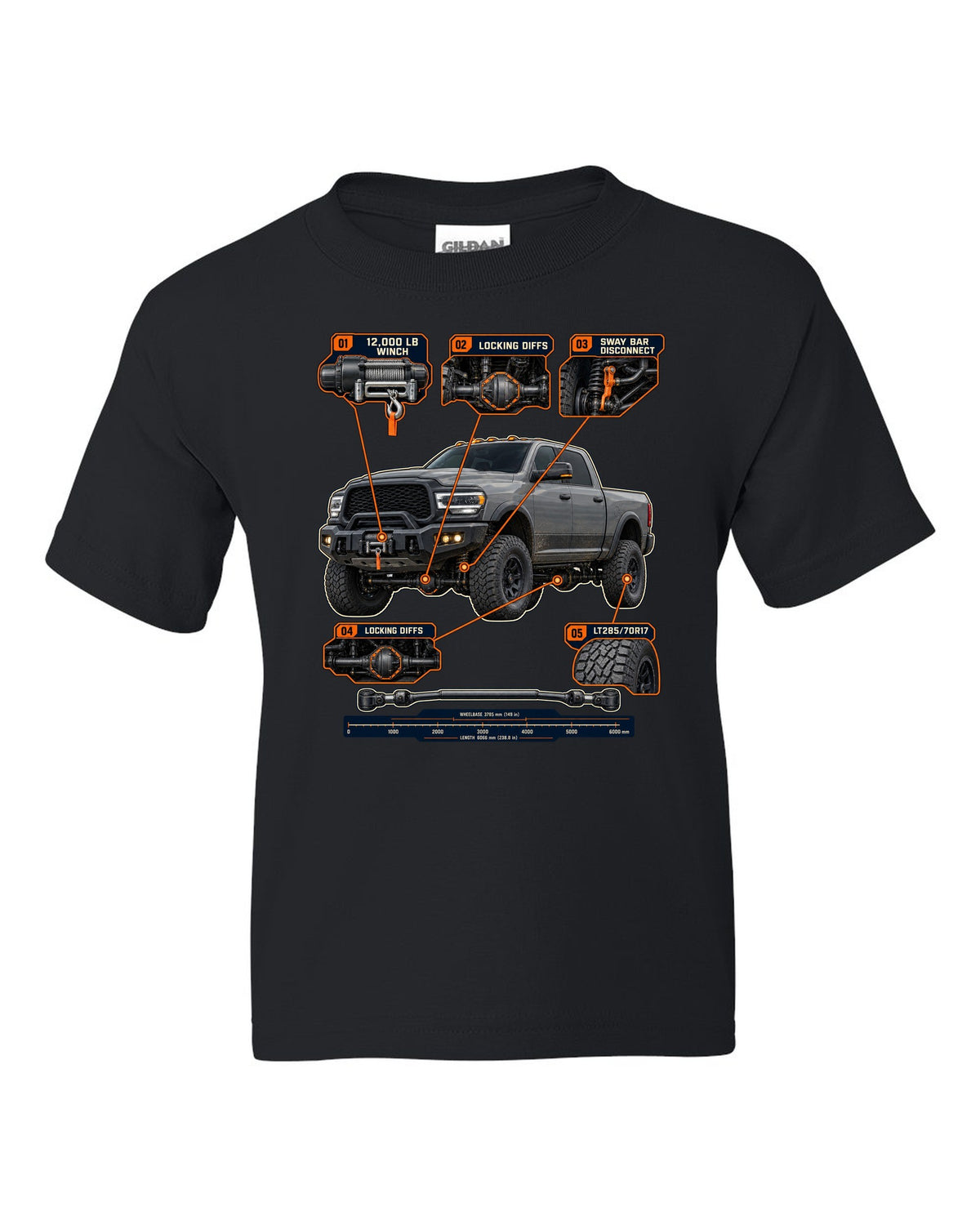 Ram 2500 Power Wagon callouts for winch, locking diffs and sway bar disconnect print black kids tee front view with the design