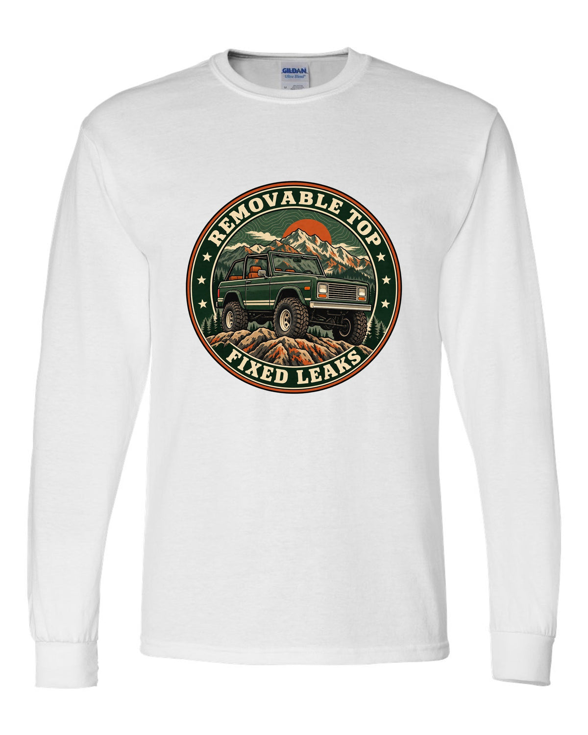 Topographic route map print for the 1973-91 Chevrolet K5 Blazer with removable top text white long sleeve front view with the design
