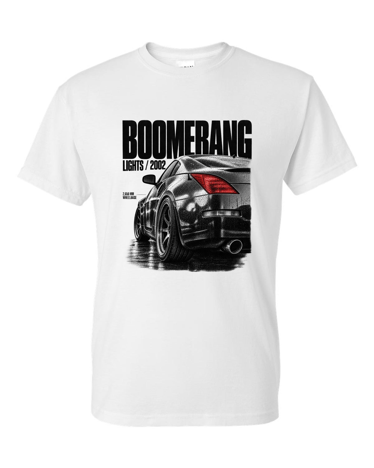 Macro print of Nissan 350Z Z33 boomerang taillights with 2,650 mm wheelbase text white t-shirt front view with the design