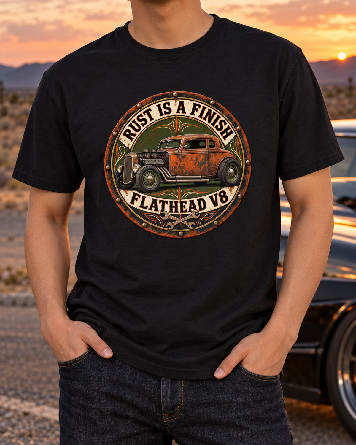 Rat Rod Flathead V8 Rust Is A Finish Round Crest Shirt T-Shirt Black worn hero