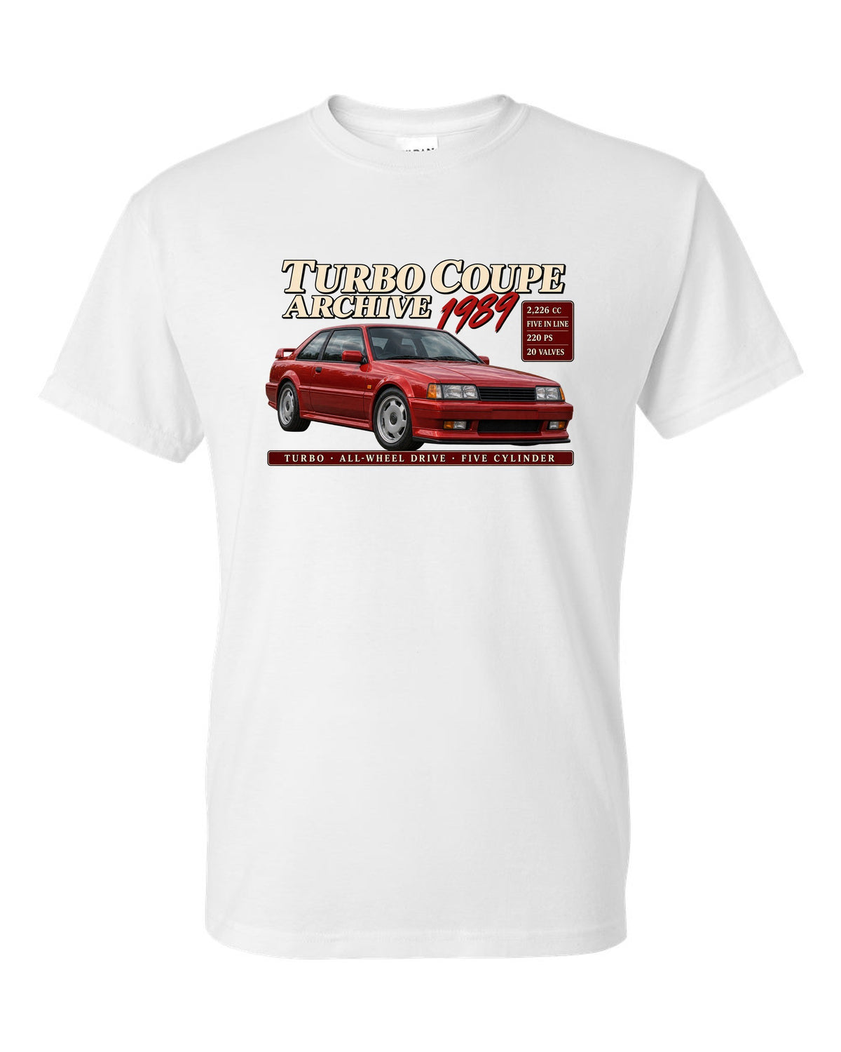 Audi Ur-Quattro 20V 1989 front three-quarter in archive panel with 2,226 cc text white t-shirt front view with the design
