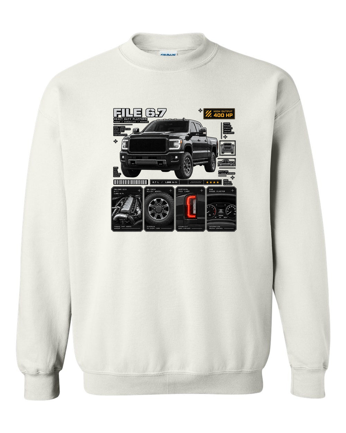 Dossier print of a 2019-24 Ram HD 2500 5th gen in a three-quarter front view white crewneck front view with the design