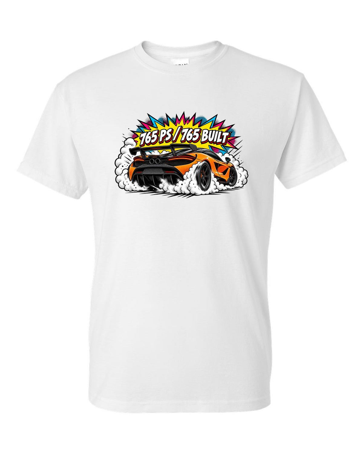 Comic halftone pop-art print of a McLaren 765LT burnout with 765 PS and 765 Built lettering white t-shirt front view with the design