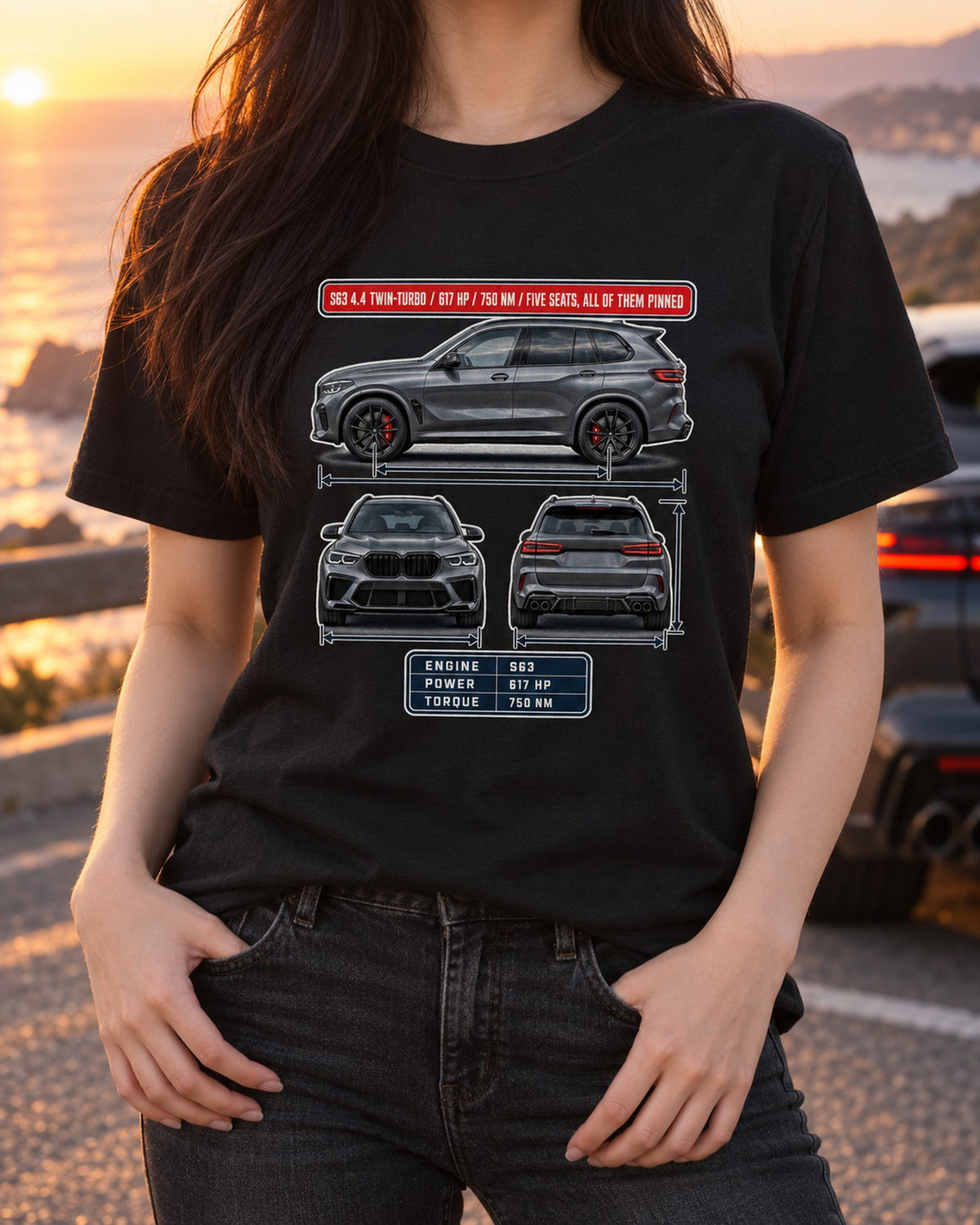 BMW X5 M Competition F95 Three-View Spec Table Shirt T-Shirt Black worn hero