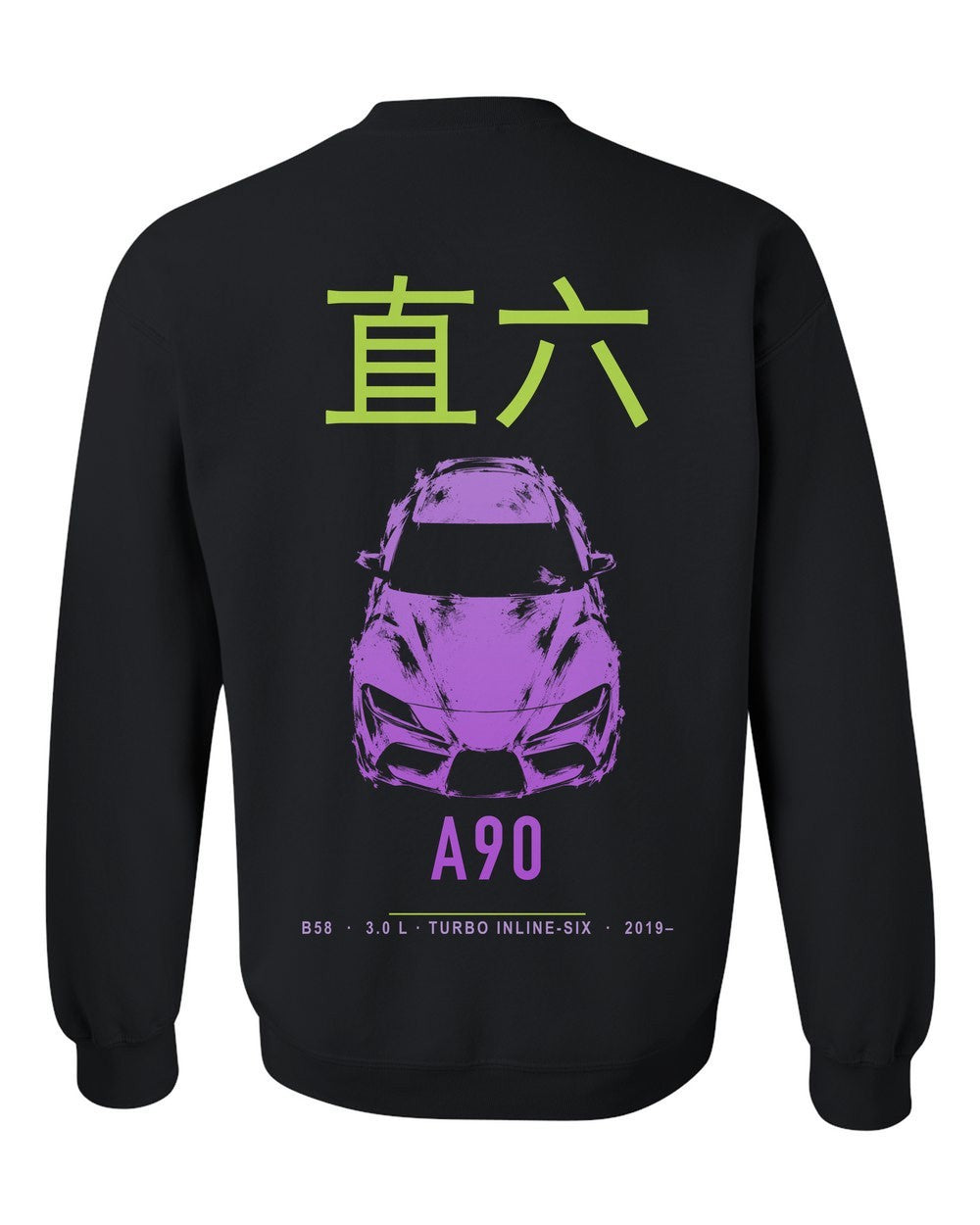 A90 full-back artwork black crewneck back view with the design
