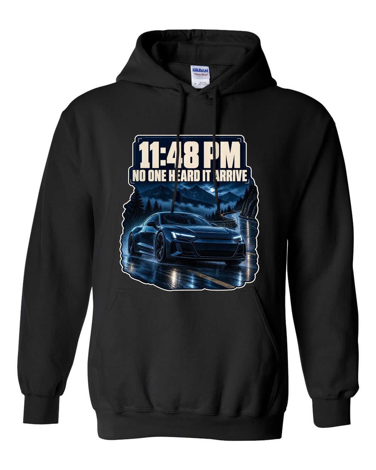 Audi RS e-tron GT on a wet night street blue monochrome print design black pull over hoodie front view with the design