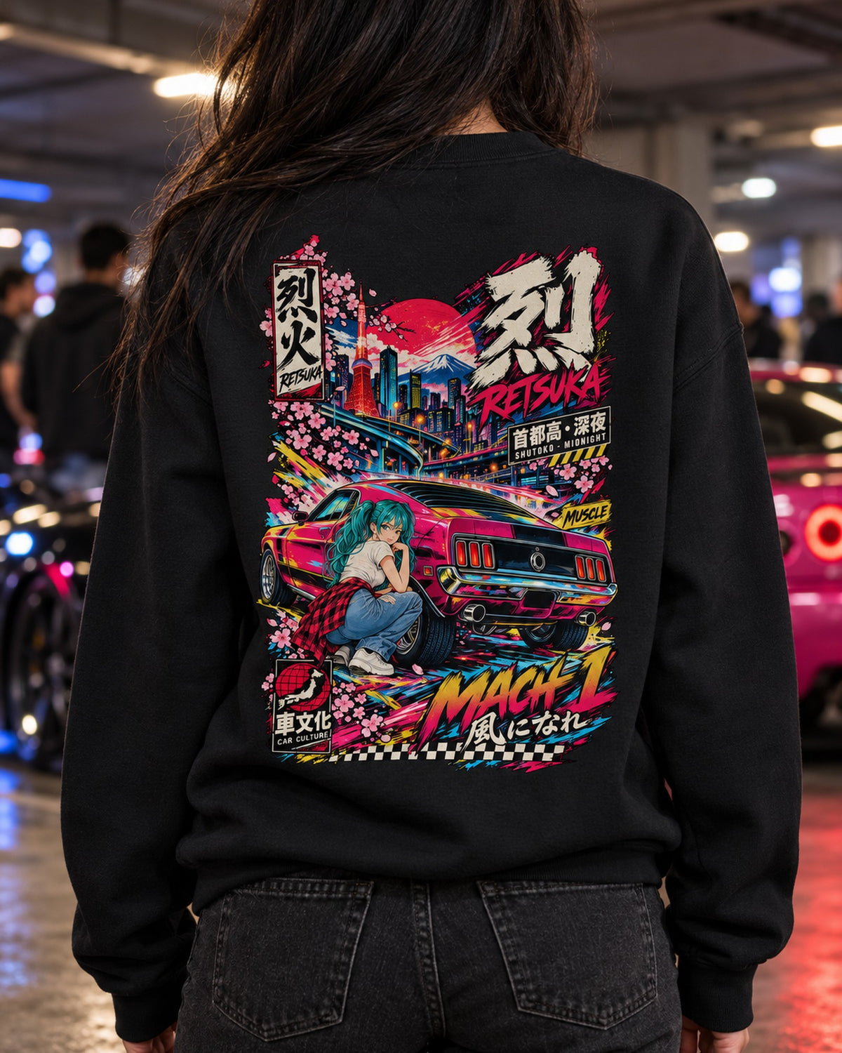 RETSUKA MACH 1 Anime Girl Full-Back Graphic Tee Crewneck Black worn hero