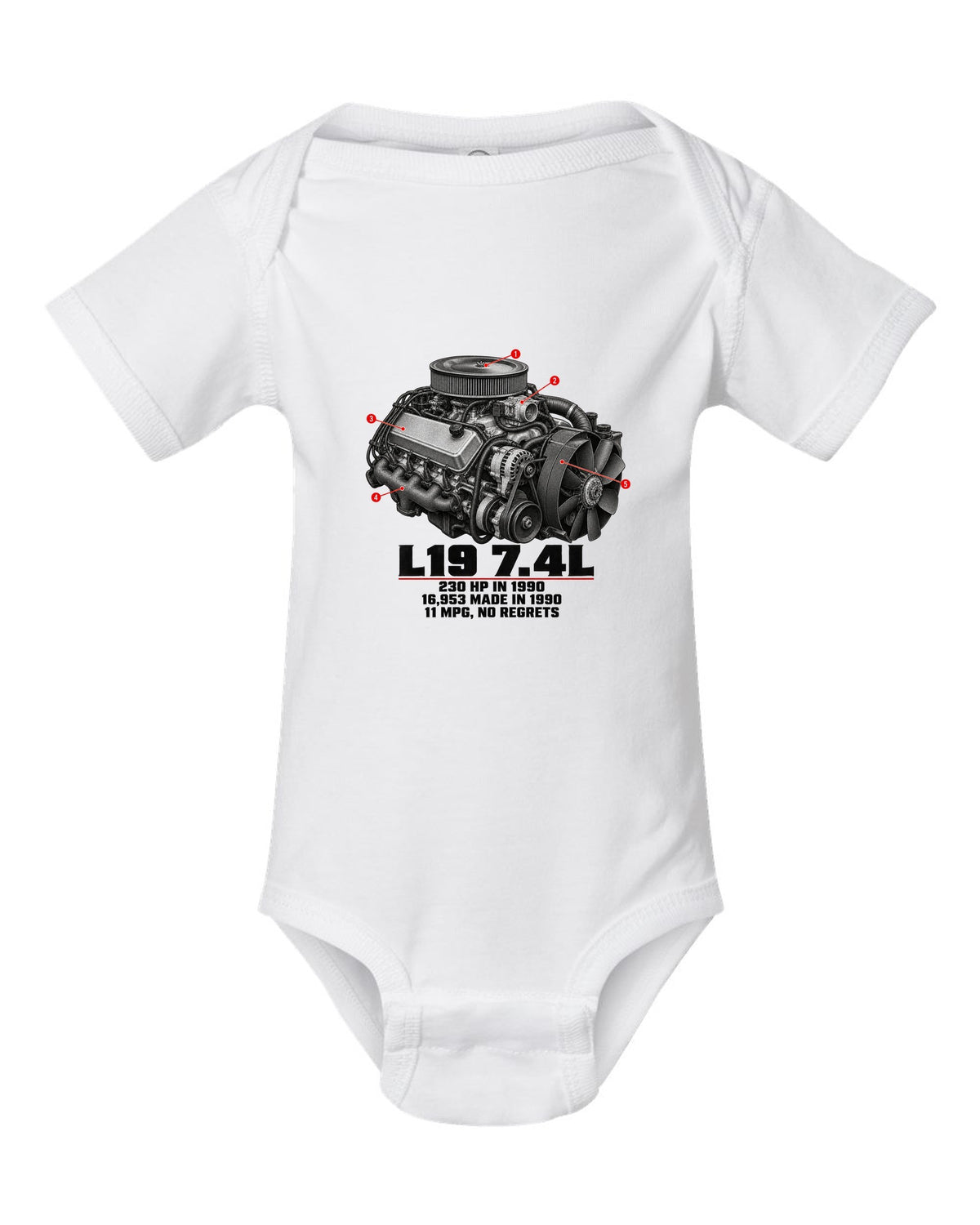 Engine print of a 1990-93 Chevrolet 454 SS pickup with L19 7.4L and 230 HP text white baby onesie front view with the design