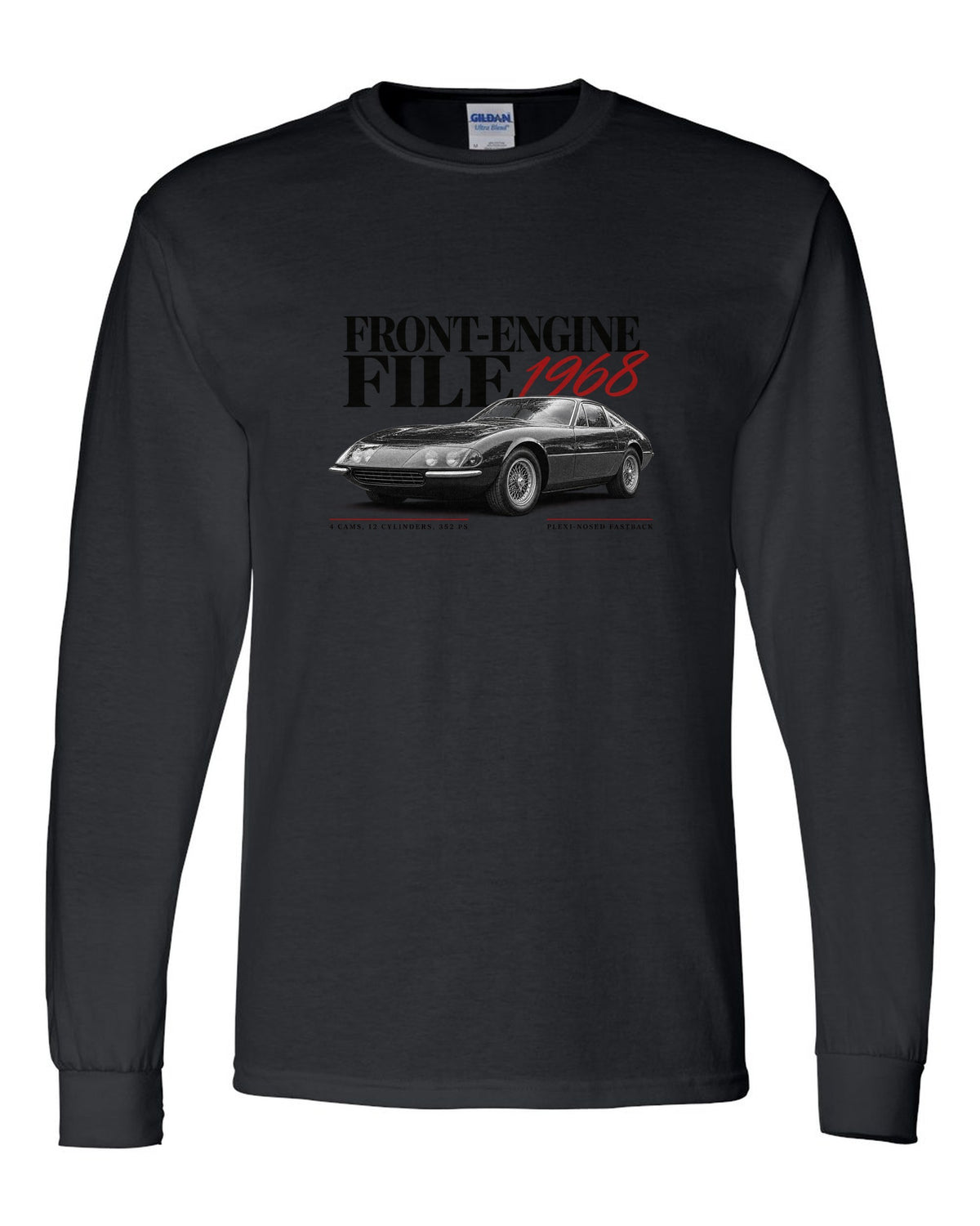 Editorial headline print of a Ferrari 365 GTB/4 Daytona with Front-Engine File 1968 and 352 PS text black long sleeve front view with the design