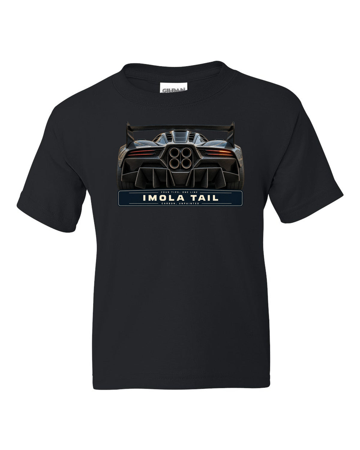 Taillight macro print of the Pagani Huayra Imola with the text four tips, one line, Imola tail, carbon, unpainted black kids tee front view with the design