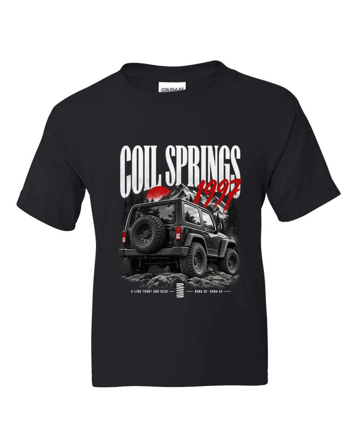 Editorial print for the Jeep Wrangler TJ, coil springs 5-link Dana 30 and Dana 44 black kids tee front view with the design
