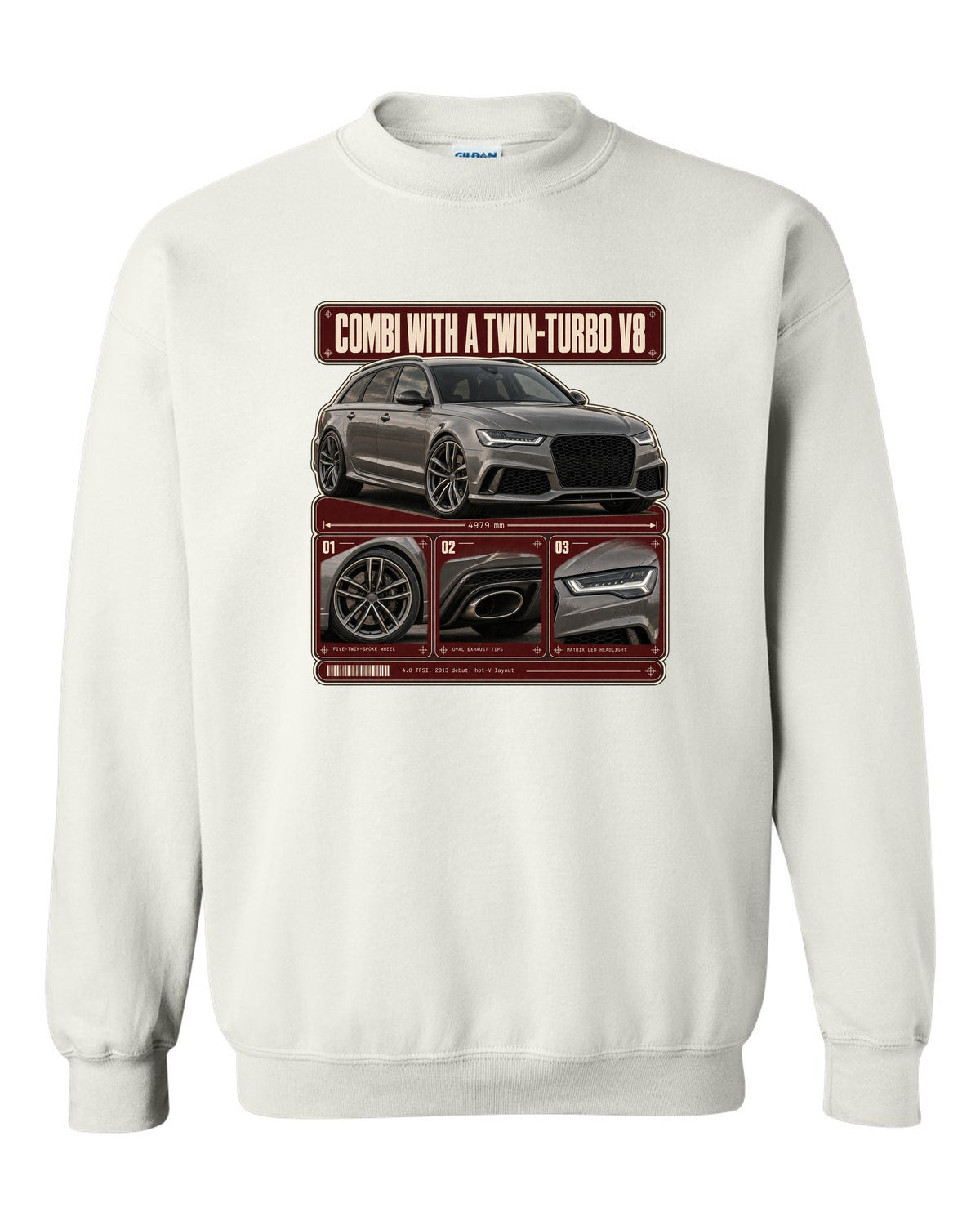 Audi RS6 Avant C7 warm grey dossier panels print white crewneck front view with the design
