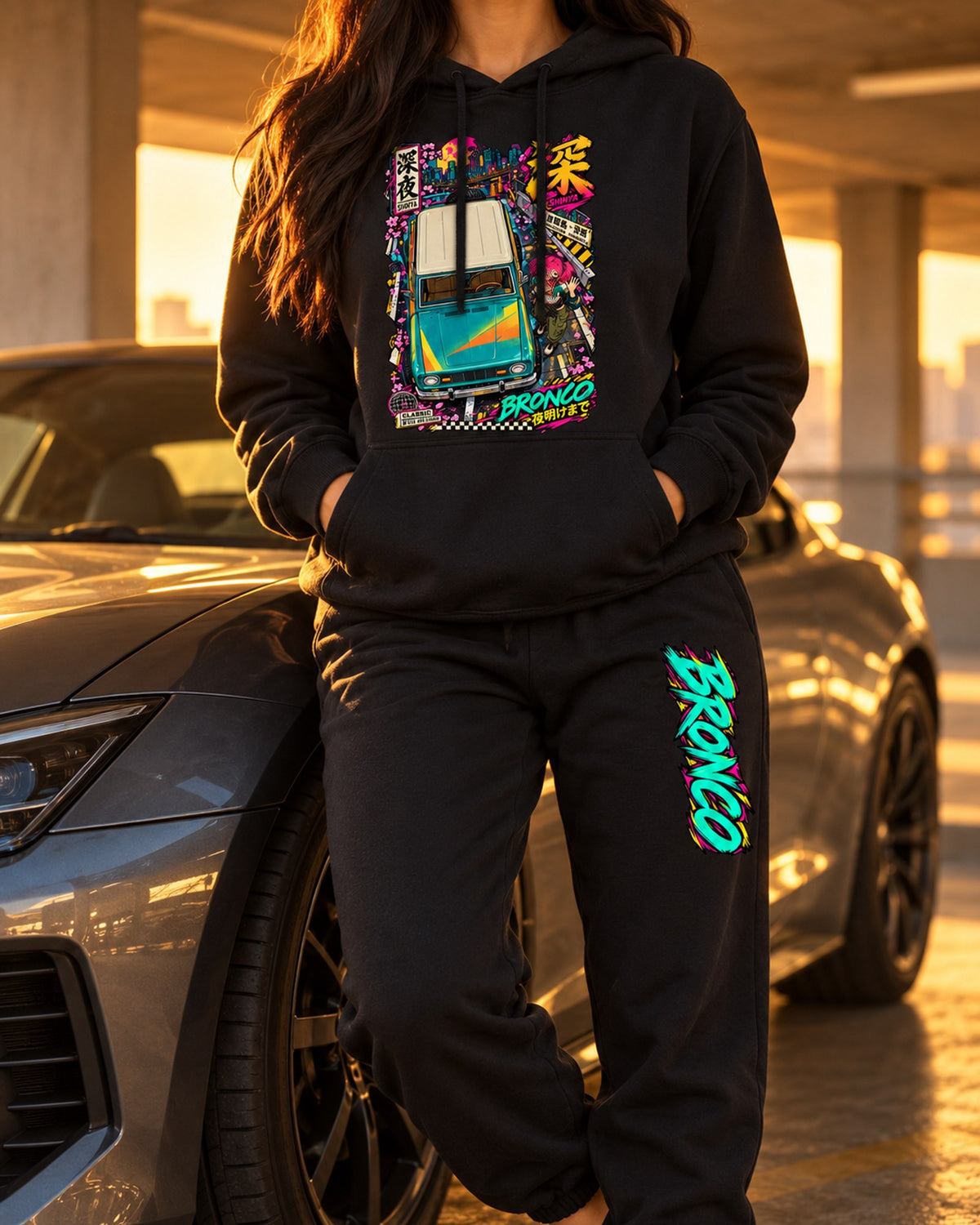 Bronco Shinya Anime Girl Poster Hoodie + Jogger Set Black worn hero