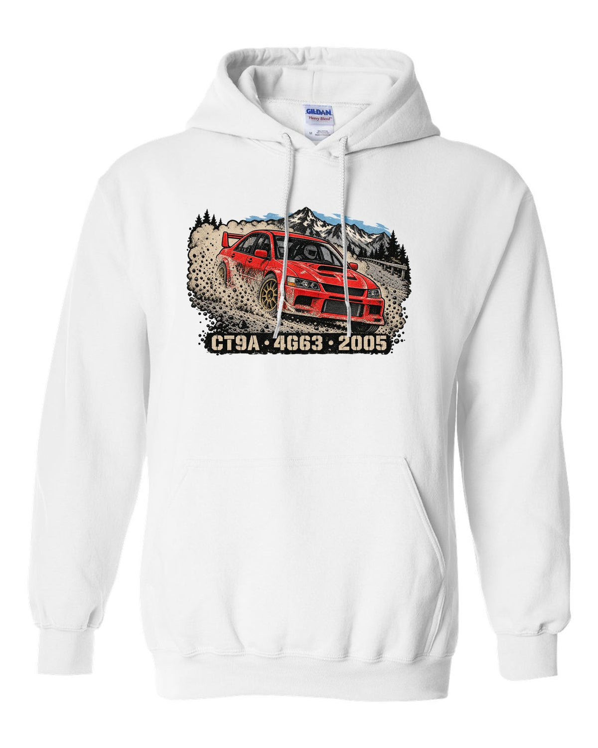 Distressed screenprint print of a Mitsubishi Lancer Evolution IX CT9A on gravel with CT9A 4G63 2005 lettering white pull over hoodie front view with the design