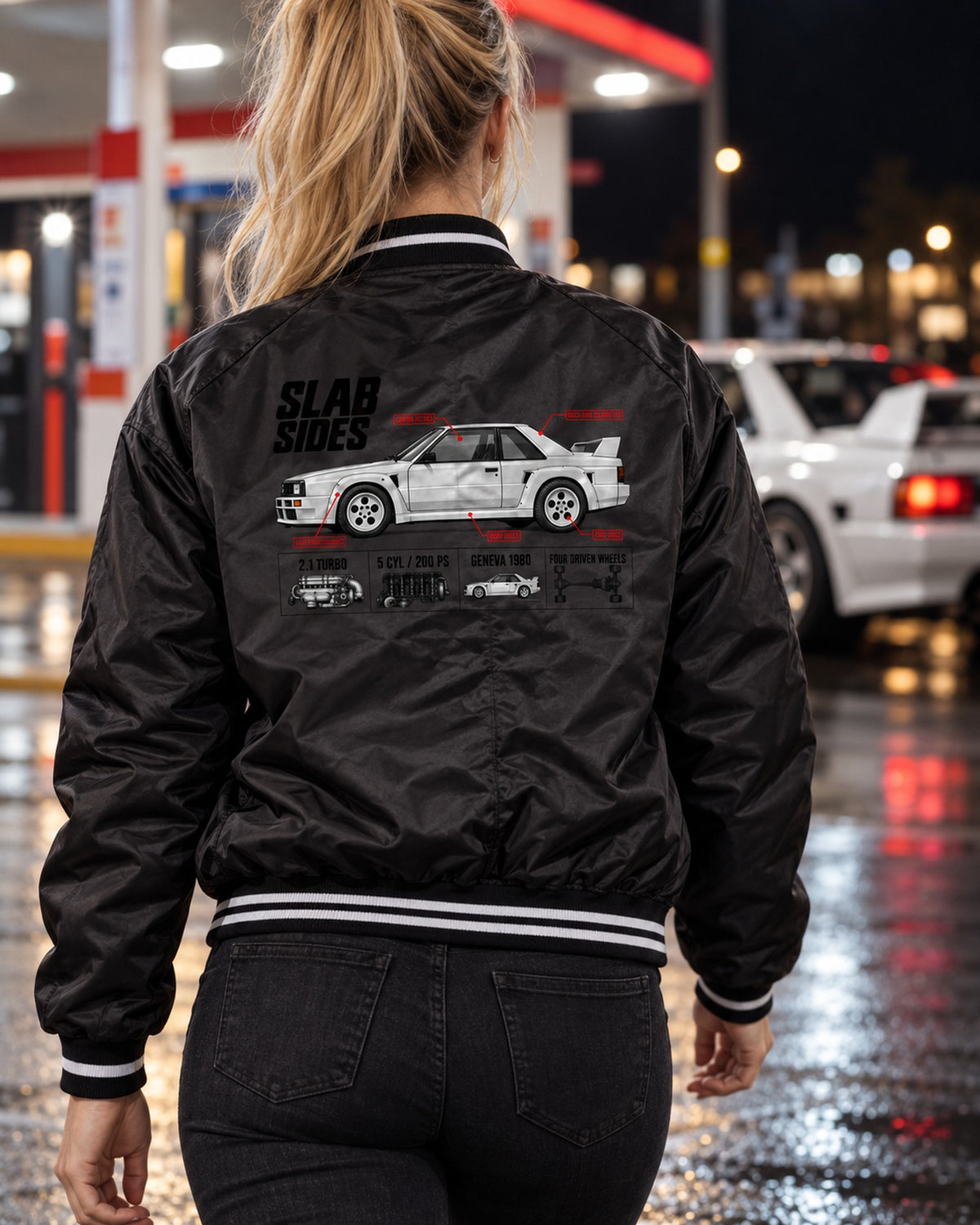 Audi Ur-Quattro Type 85 Slab Sides Spec Poster Shirt Bomber Jacket Black worn hero