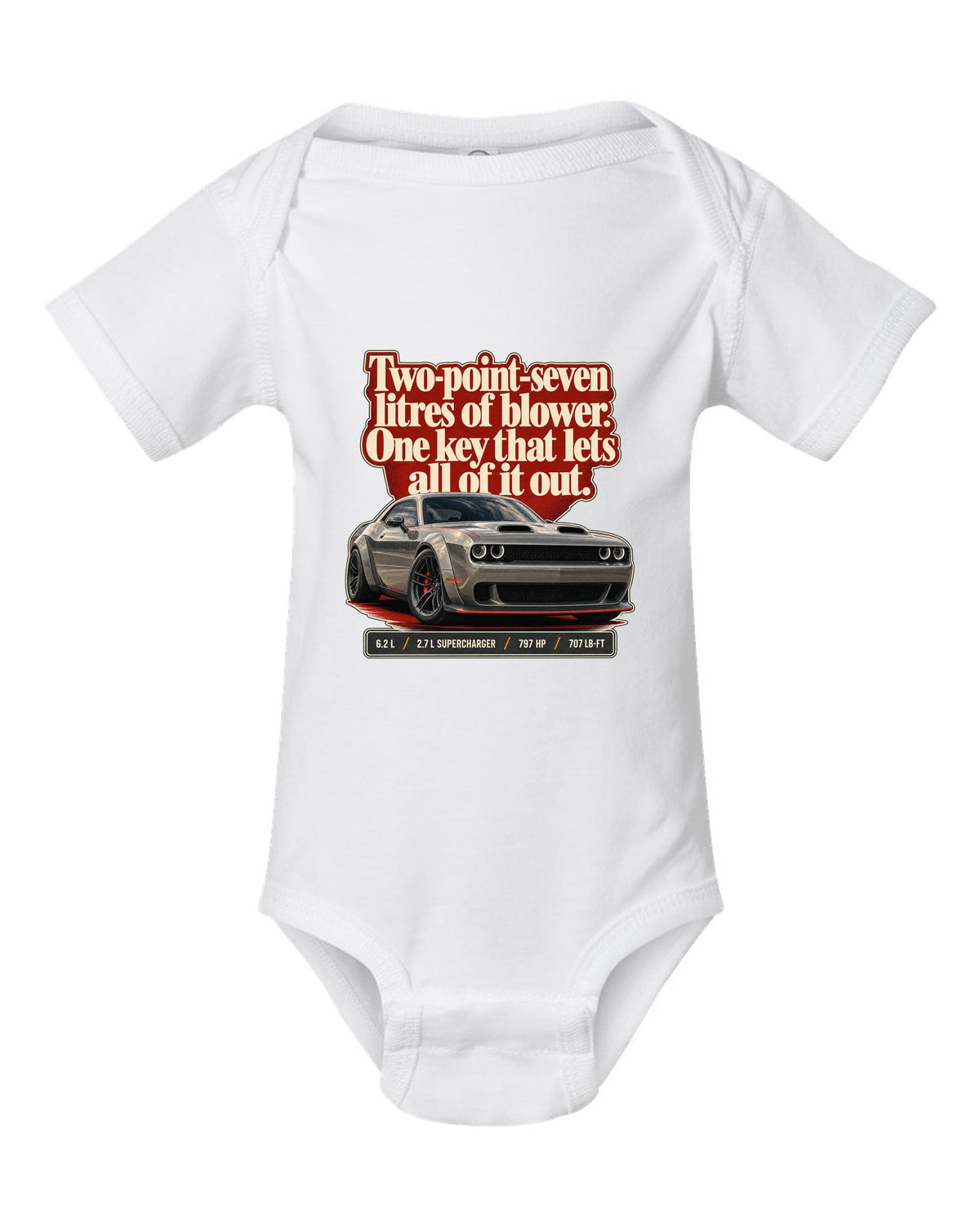 Dodge Challenger SRT Hellcat Redeye Widebody editorial headline print white baby onesie front view with the design
