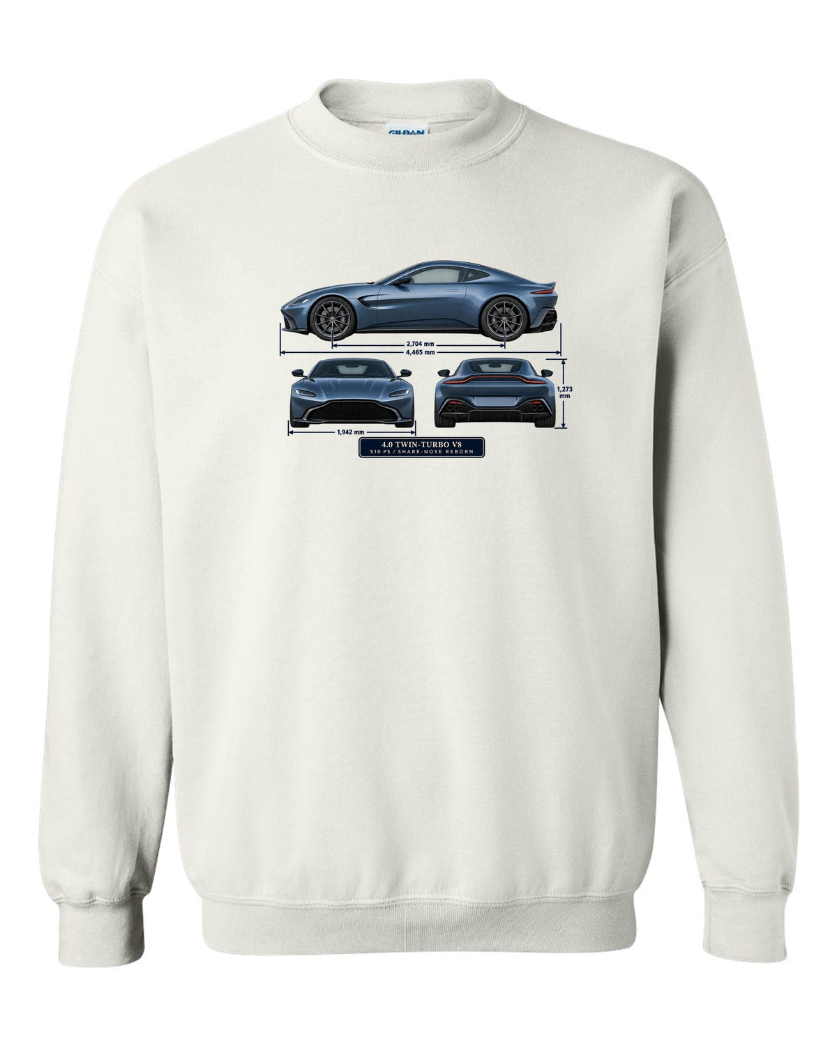 Aston Martin Vantage 2018 three-view print with 4.0 twin-turbo V8 510 PS spec table white crewneck front view with the design