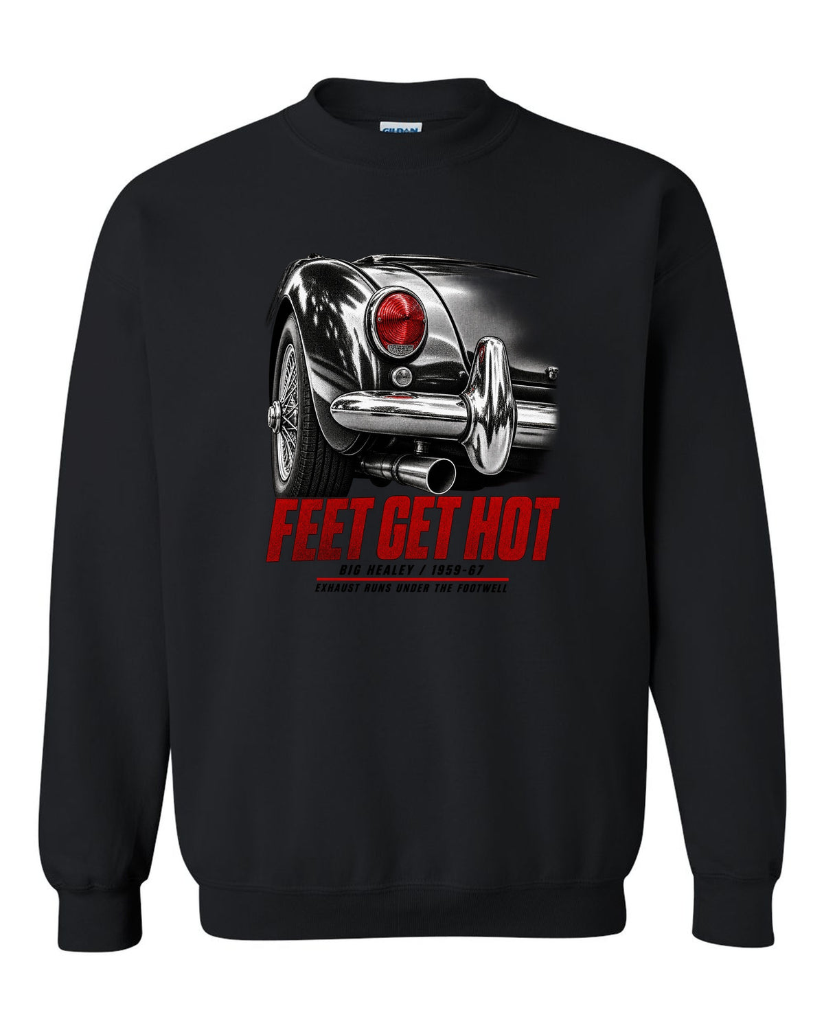 print of the rear taillight of a 1966 Austin-Healey 3000 Mk III BJ8 with hot feet lettering black crewneck front view with the design