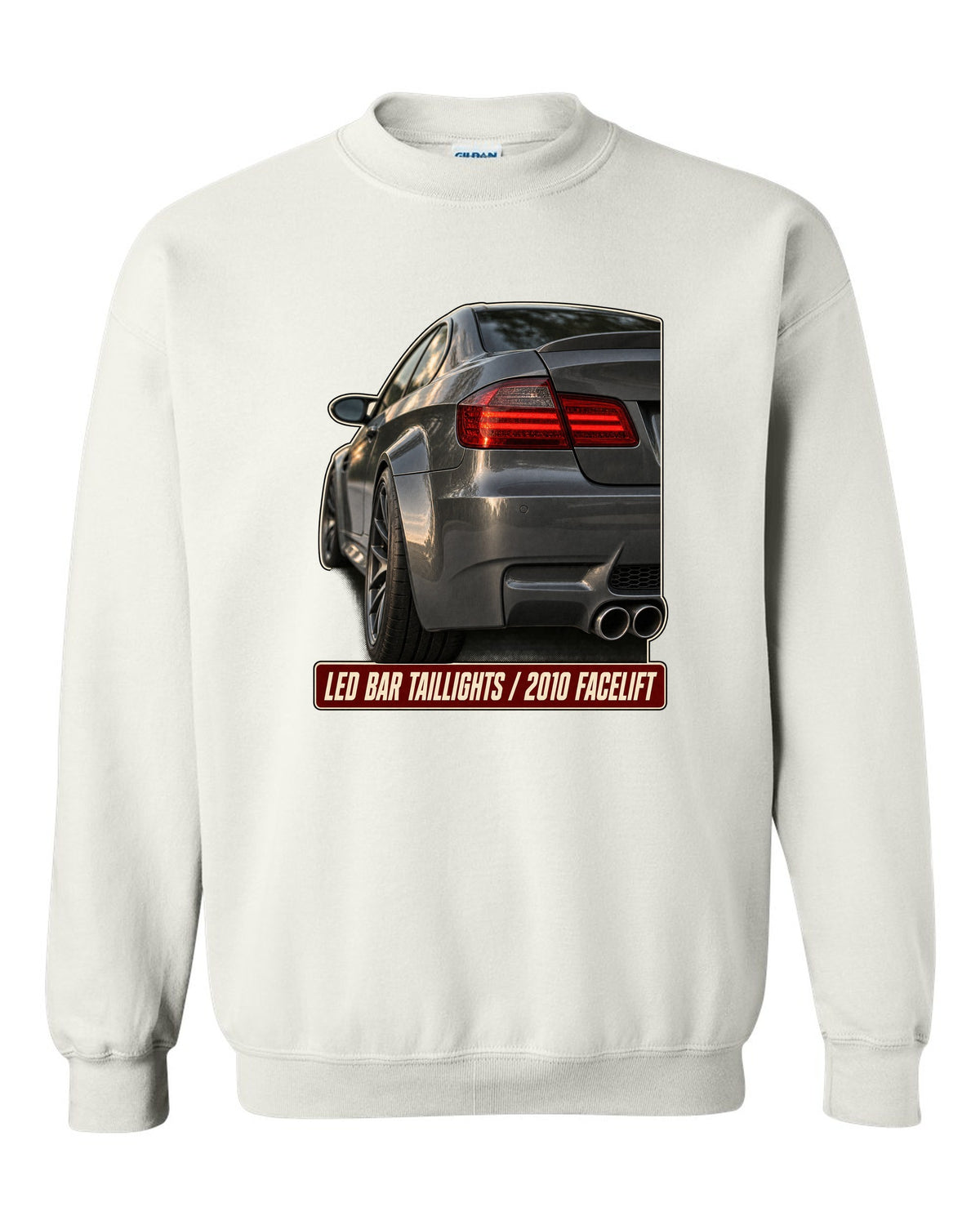 BMW M3 E92 LCI LED bar taillight close-up print white crewneck front view with the design