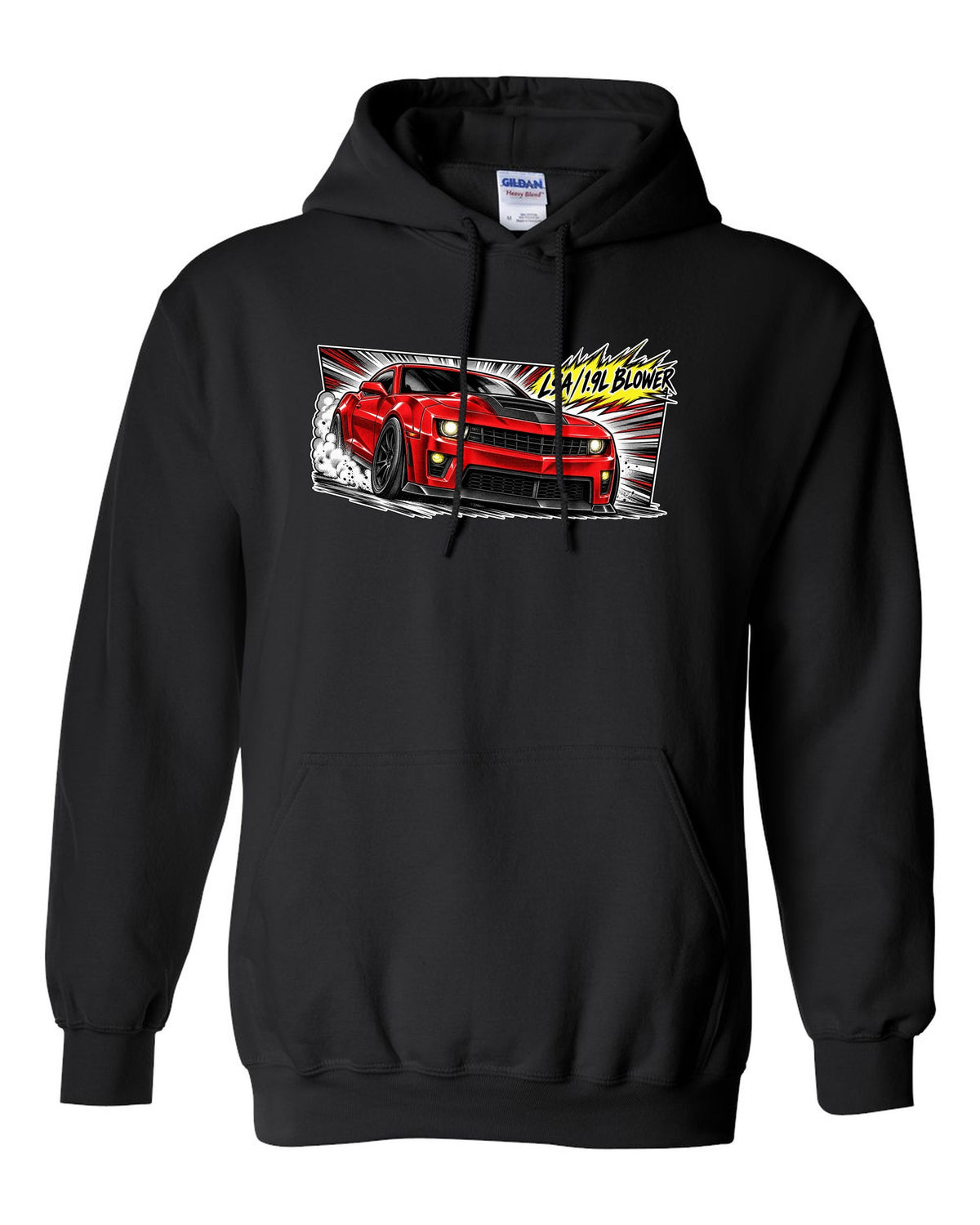 Retro manga panel with speed lines and screentone of a 2012 Chevrolet Camaro ZL1 black pull over hoodie front view with the design