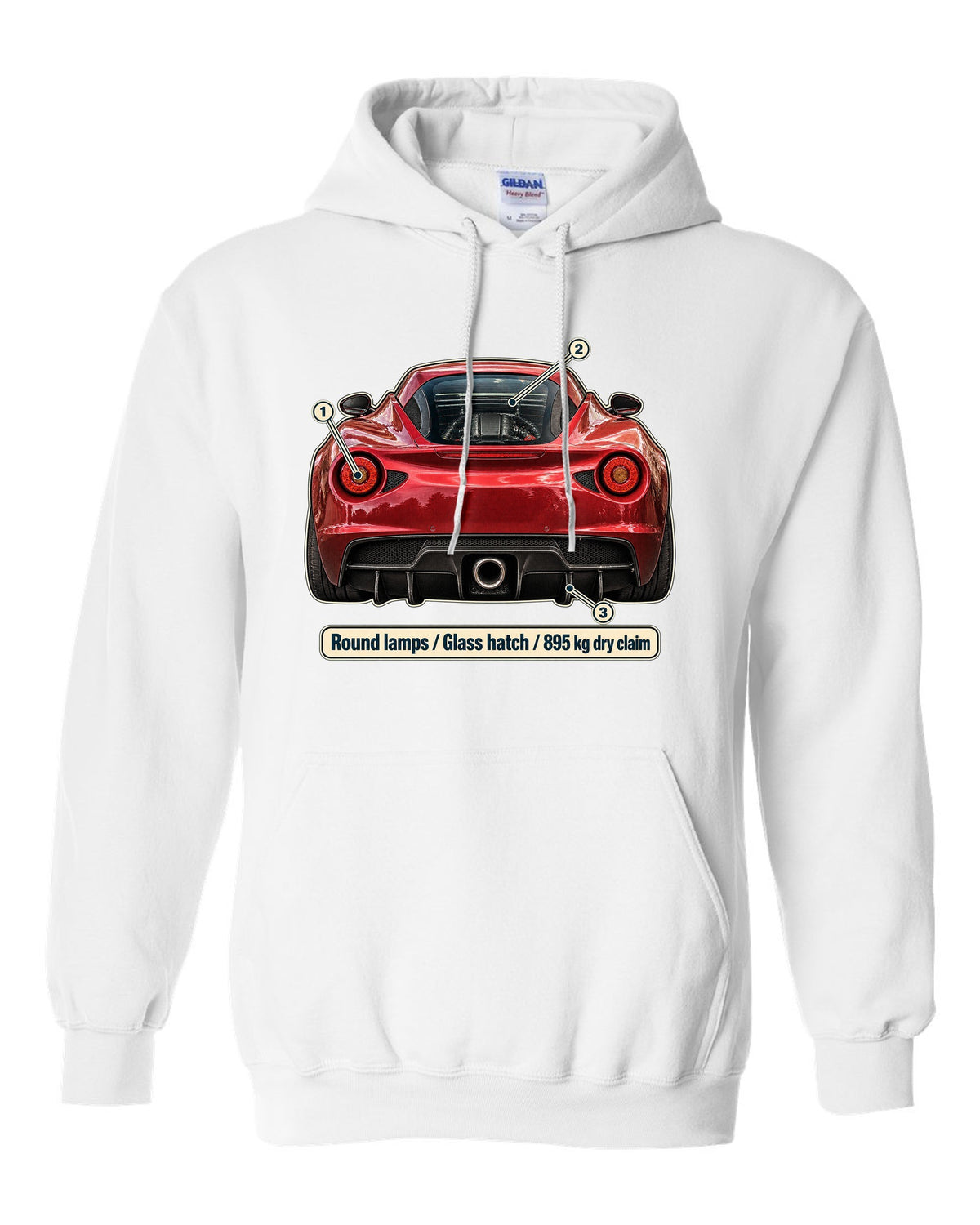 Taillight macro print of the Alfa Romeo 4C showing round lamps and glass ch white pull over hoodie front view with the design