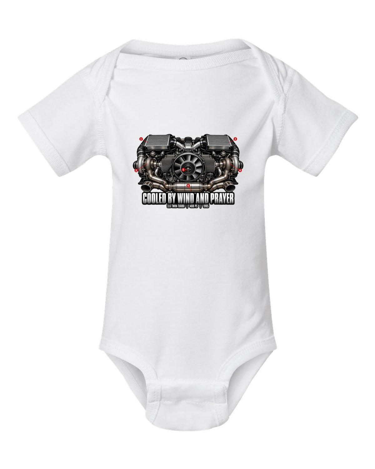 Engine hero print of the Porsche 911 Turbo (993) air-cooled twin-turbo flat-six with the line Cooled By Wind And Prayer white baby onesie front view with the design
