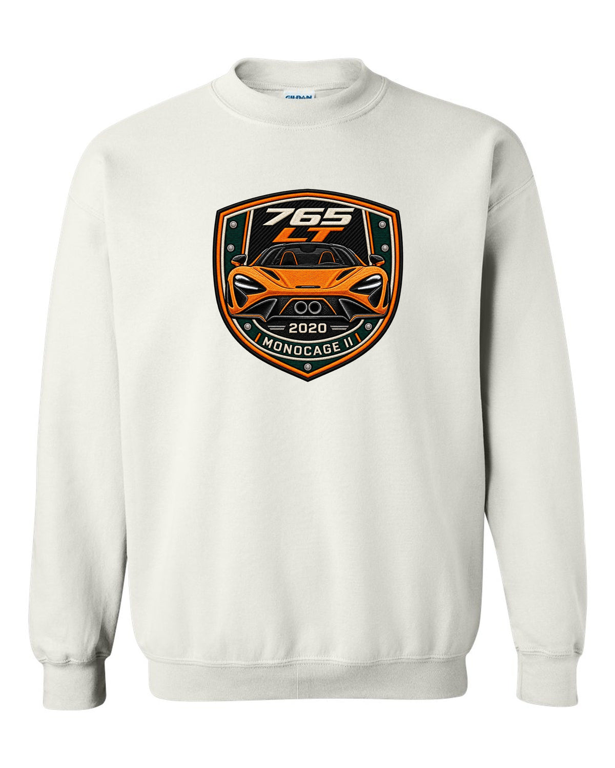 Embroidery varsity crest print for the McLaren 765LT with 765 LT 2020 Monocage II lettering white crewneck front view with the design