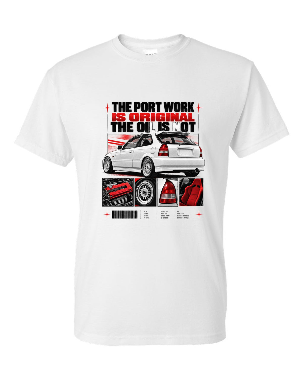 Dossier panel print of a 1998 Honda Civic EK9 chback with port work text white t-shirt front view with the design