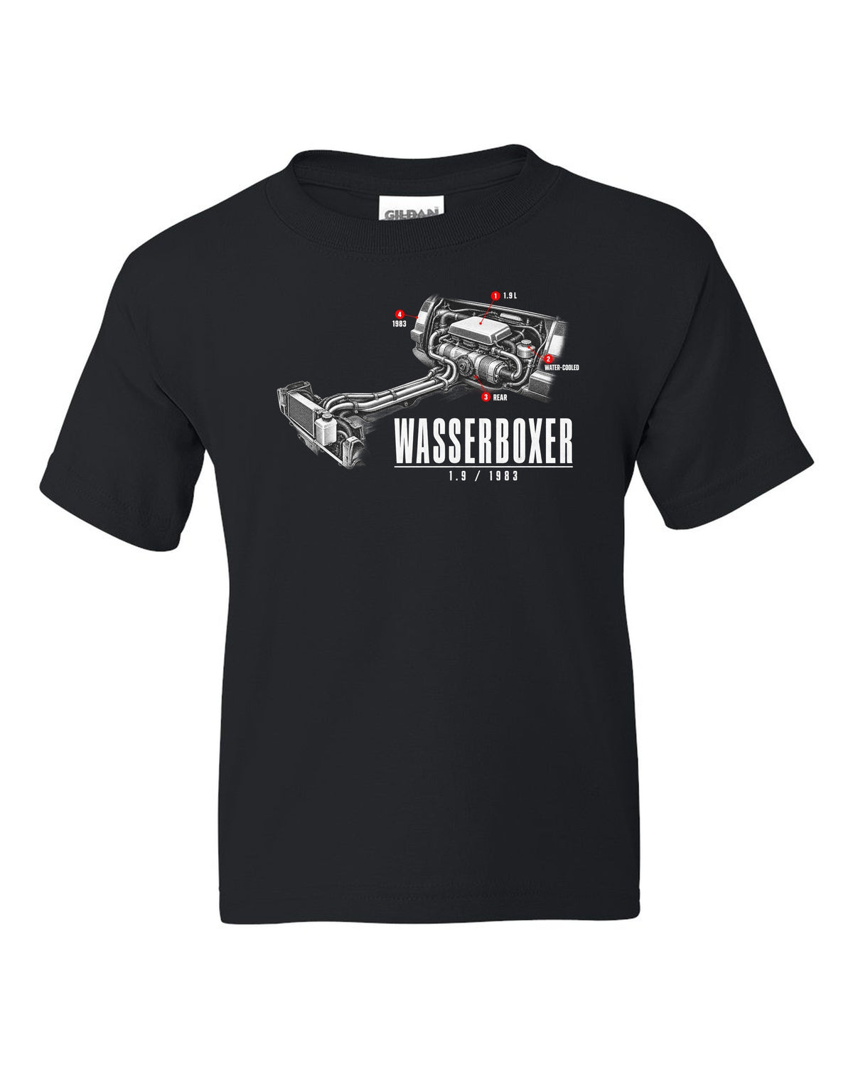 Engine hero print of the VW T3 Wasserboxer 1.9 water-cooled boxer engine with 1983 text black kids tee front view with the design