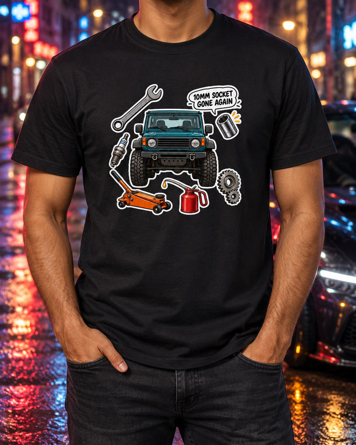 Wrangler TJ Workshop Sticker Bomb Tee, 10mm Socket Joke T-Shirt Black worn hero
