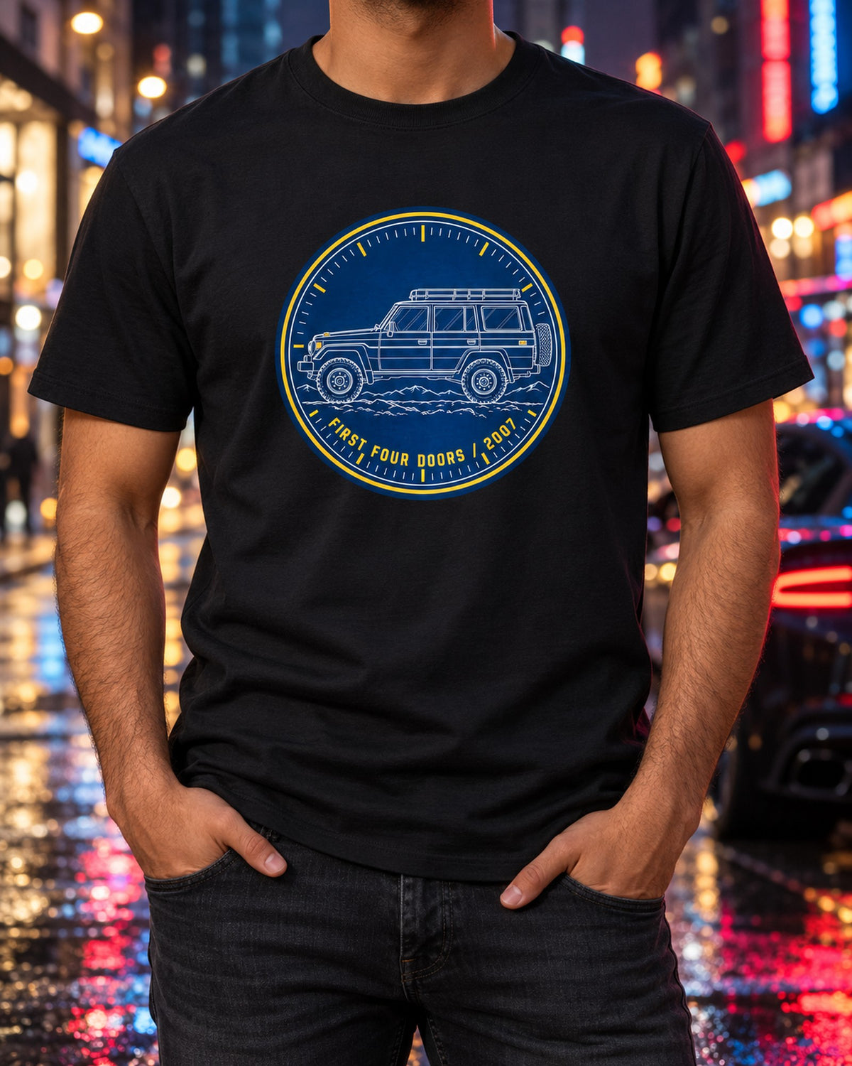 Jeep Wrangler JKU First Four Doors 2007 Cyanotype Tee T-Shirt Black worn hero
