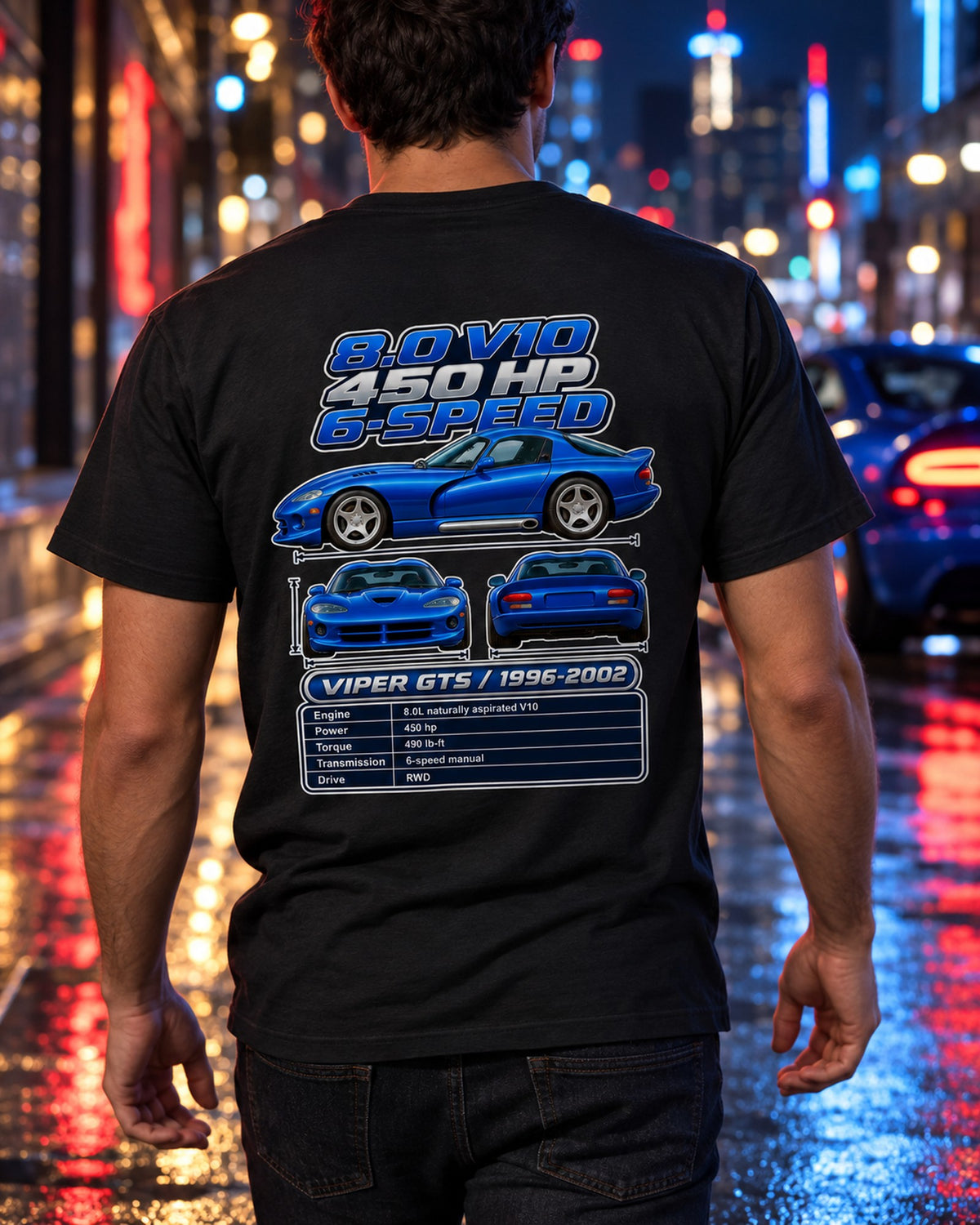 Dodge Viper Gts Spec Sheet Full-Back Graphic Tee T-Shirt Black worn hero