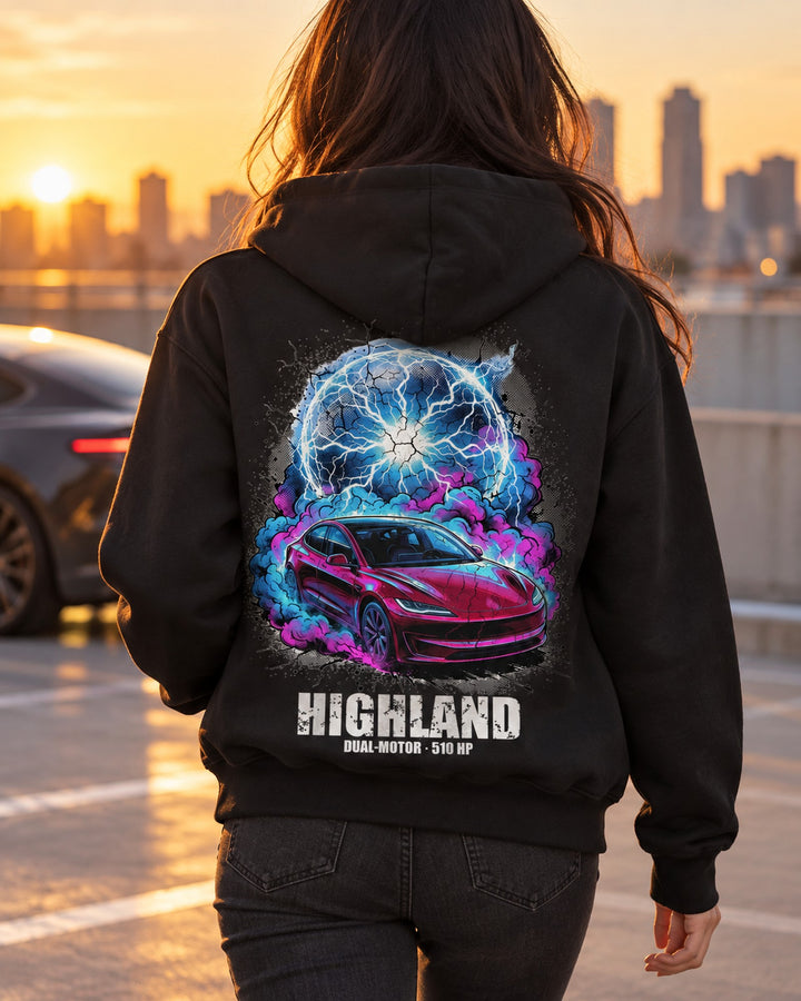 Tesla Model 3 Highland Pull Over Hoodie & Zip Hoodie Zip Hoodie Black worn hero