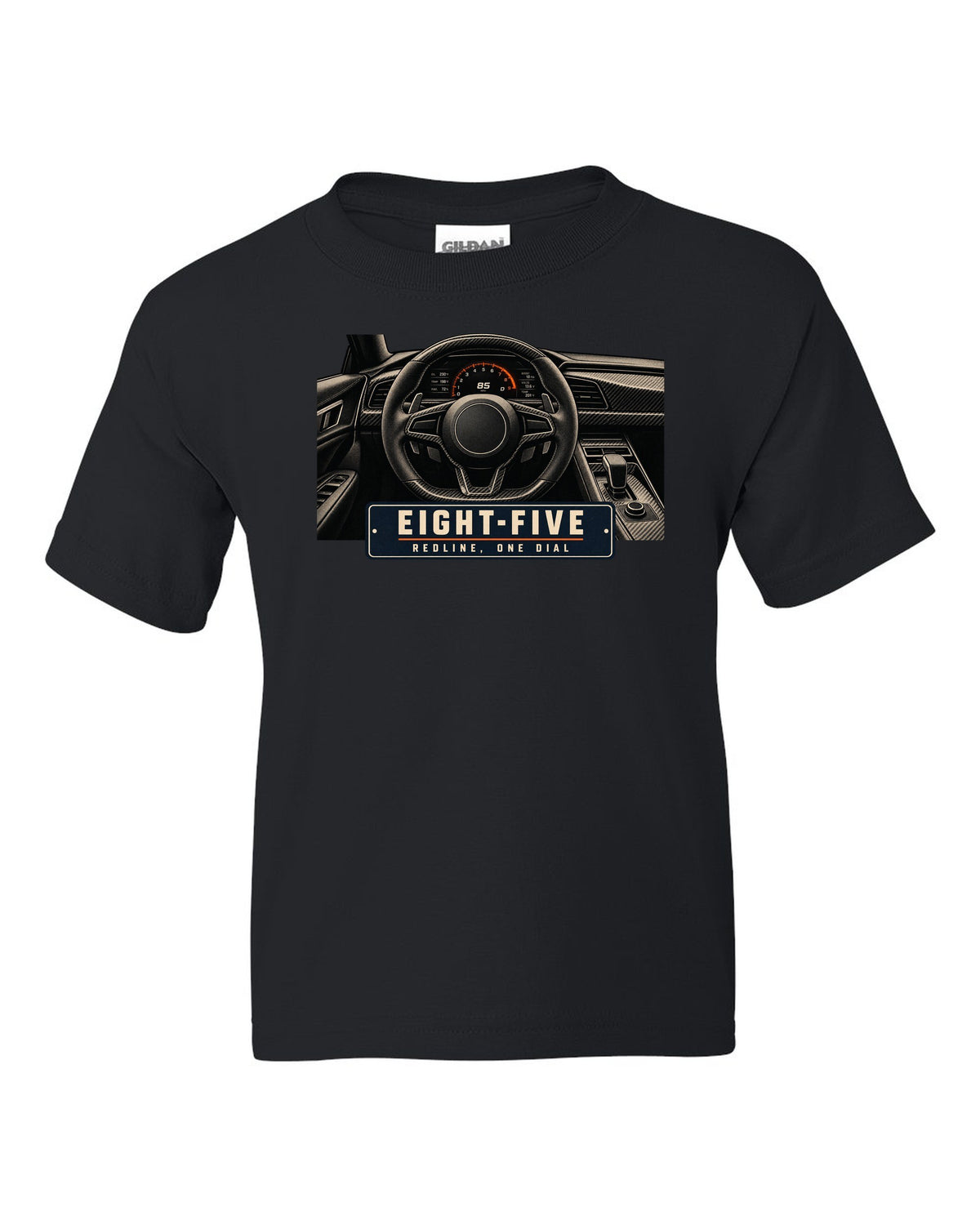 Cockpit and single dial of the Koenigsegg Jesko with carbon tub and flat dash, print black kids tee front view with the design