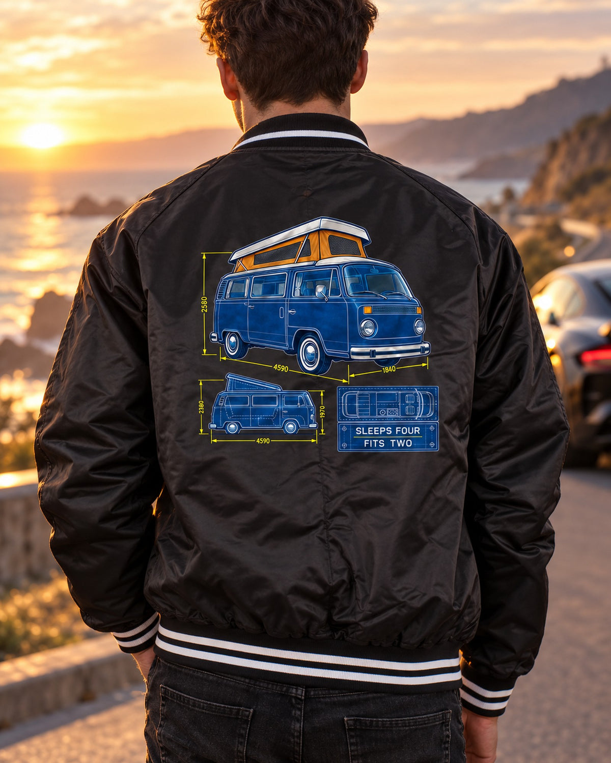 Bay Window T2 Camper Cyanotype Blueprint Shirt, Sleeps Four Bomber Jacket Black worn hero