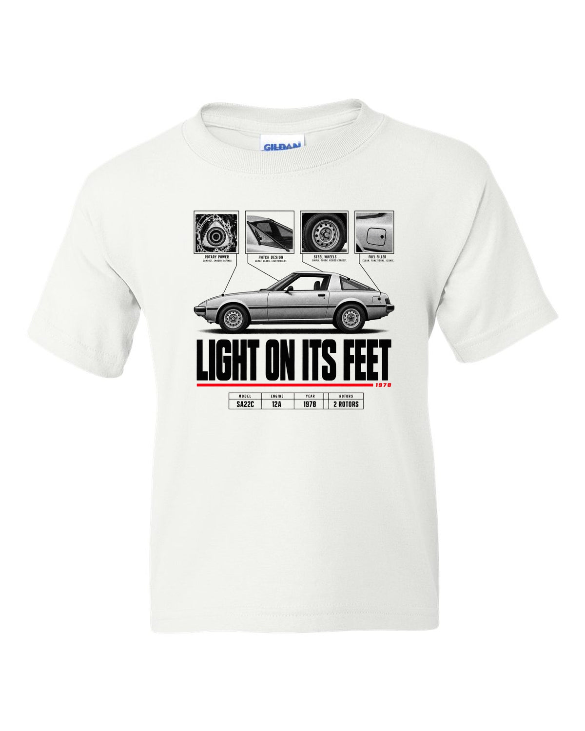 Spec poster print of a Mazda RX-7 SA22C Savanna with 12A lettering white kids tee front view with the design