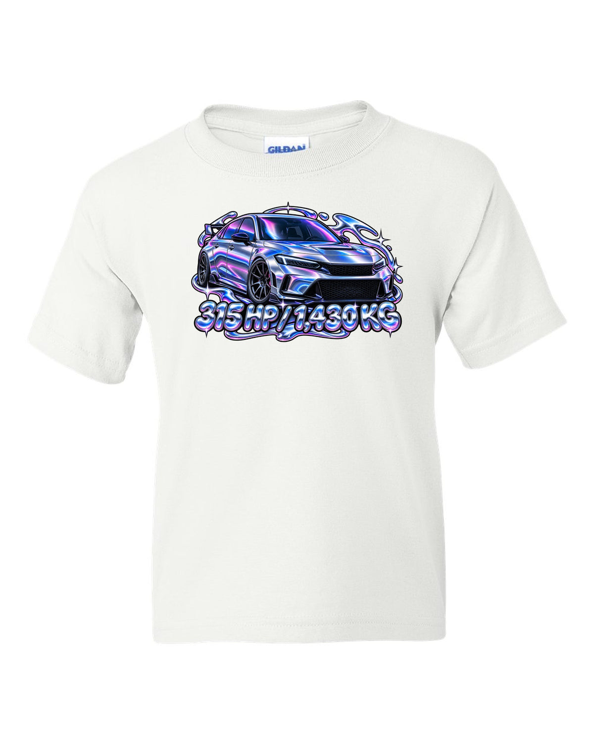 Y2K chrome gradient print of a Honda Civic Type R FL5 with 315 HP and 1,430 KG text white kids tee front view with the design