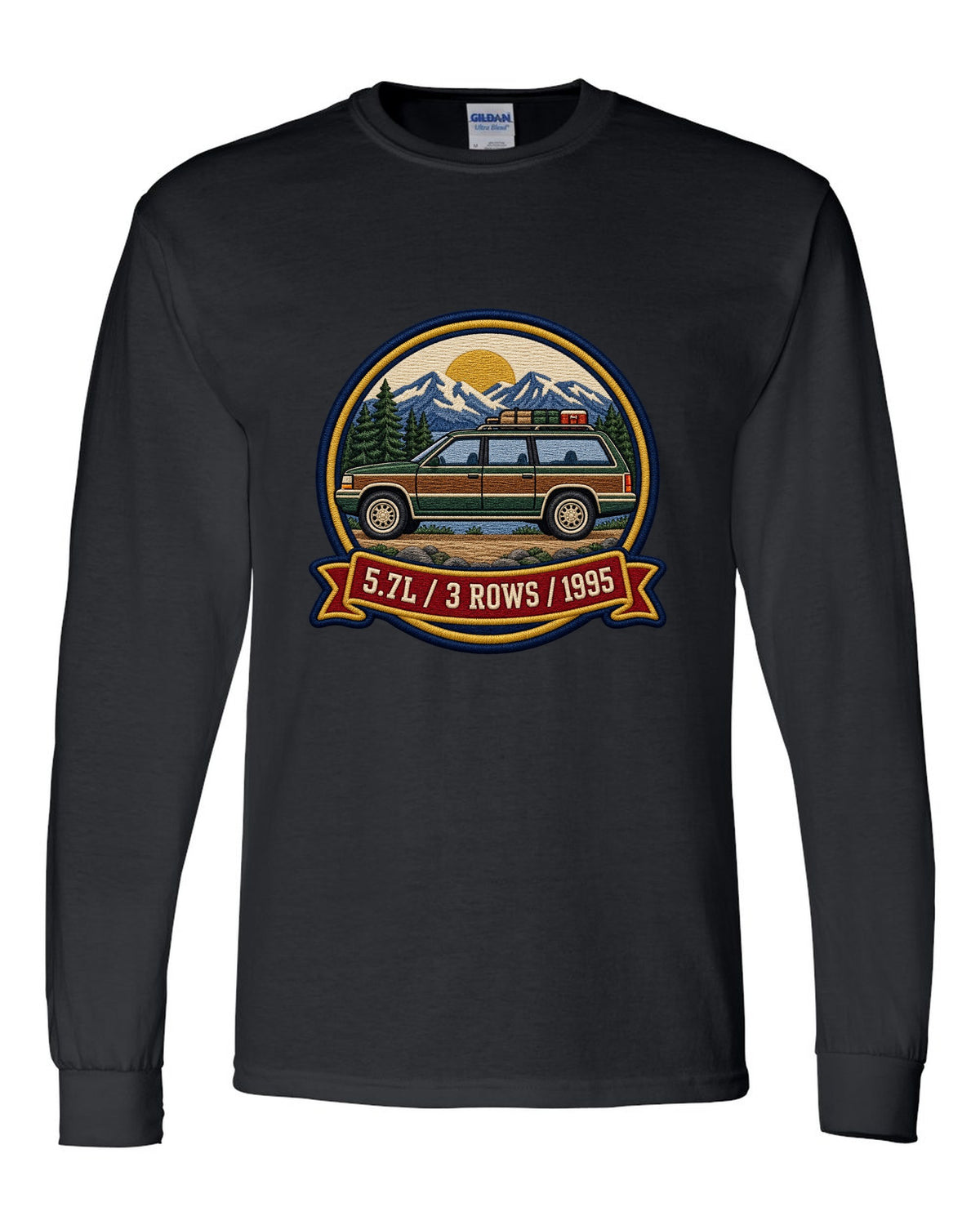 Varsity round crest print for a 1992-1999 Chevrolet Suburban GMT400 with 5.7L, 3 Rows, 1995 text black long sleeve front view with the design