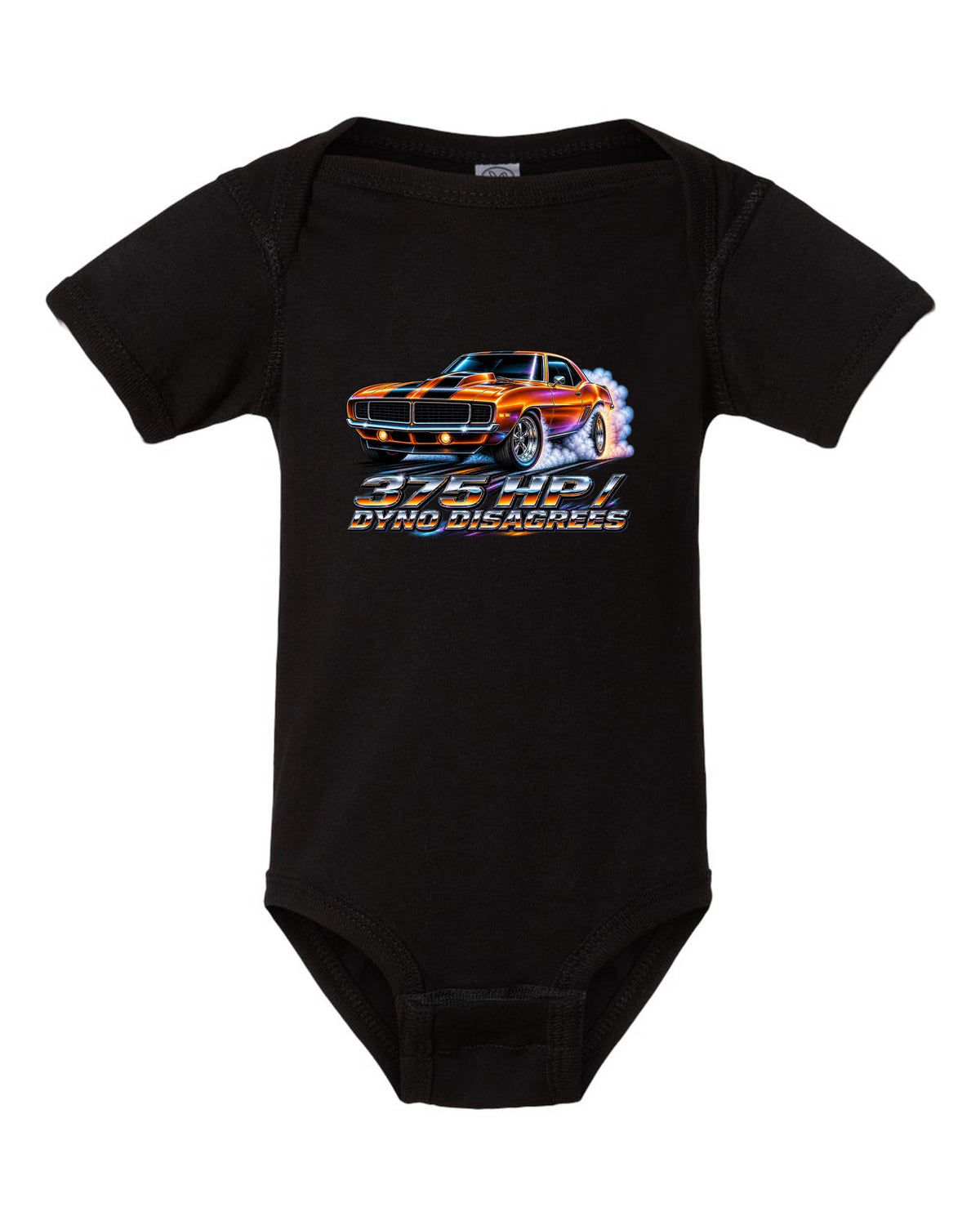 1969 Camaro SS 396 doing a burnout in 80s airbrush chrome style with text 375 HP Dyno Disagrees black baby onesie front view with the design
